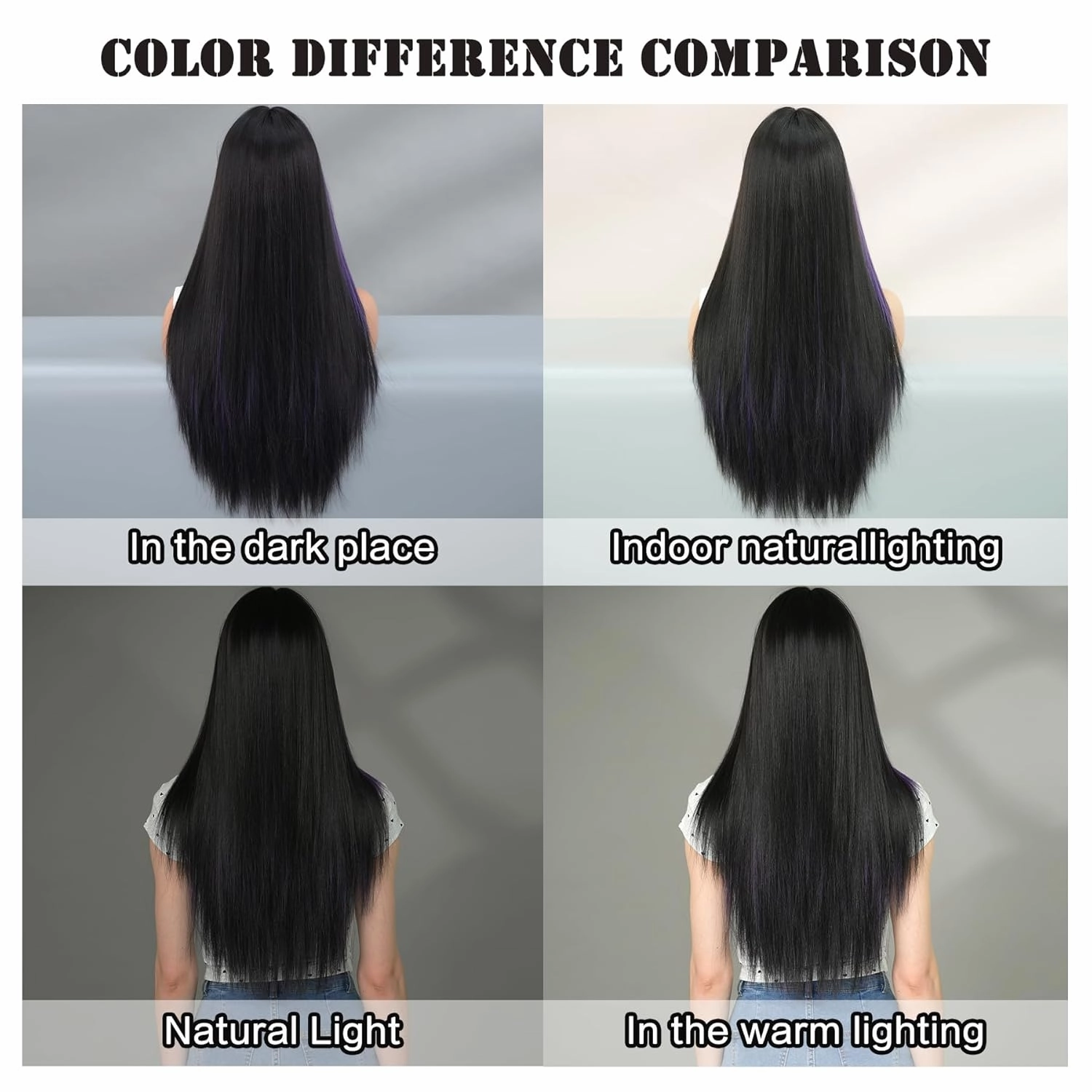 7JHH WIGS Long Straight Purple Highlight Wig with Bangs 27in Natural Heat Resistant Fiber Synthetic Half Black Half Purple Layered Wigs for Women Girls Holiday Chrismas Daily Party Used