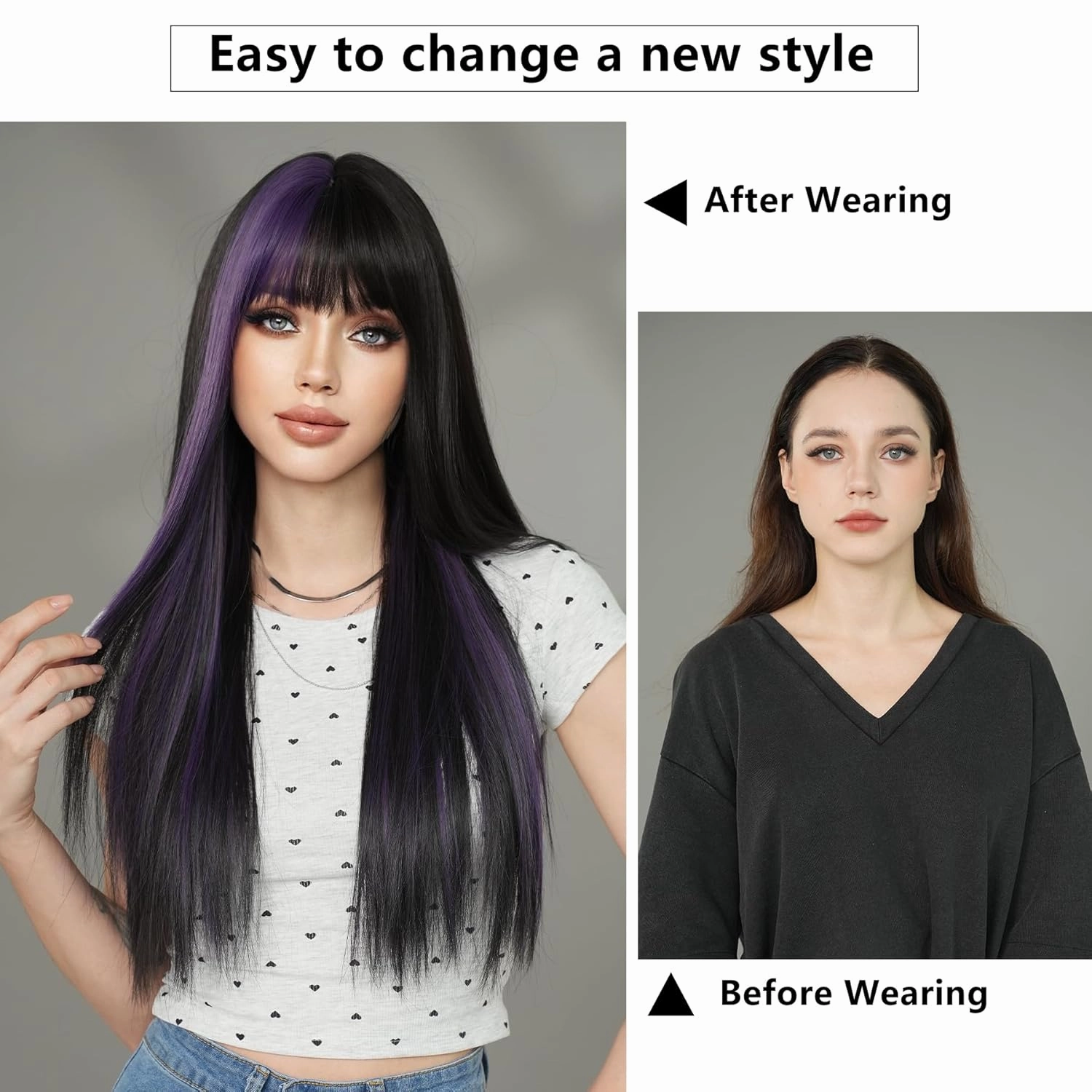7JHH WIGS Long Straight Purple Highlight Wig with Bangs 27in Natural Heat Resistant Fiber Synthetic Half Black Half Purple Layered Wigs for Women Girls Holiday Chrismas Daily Party Used