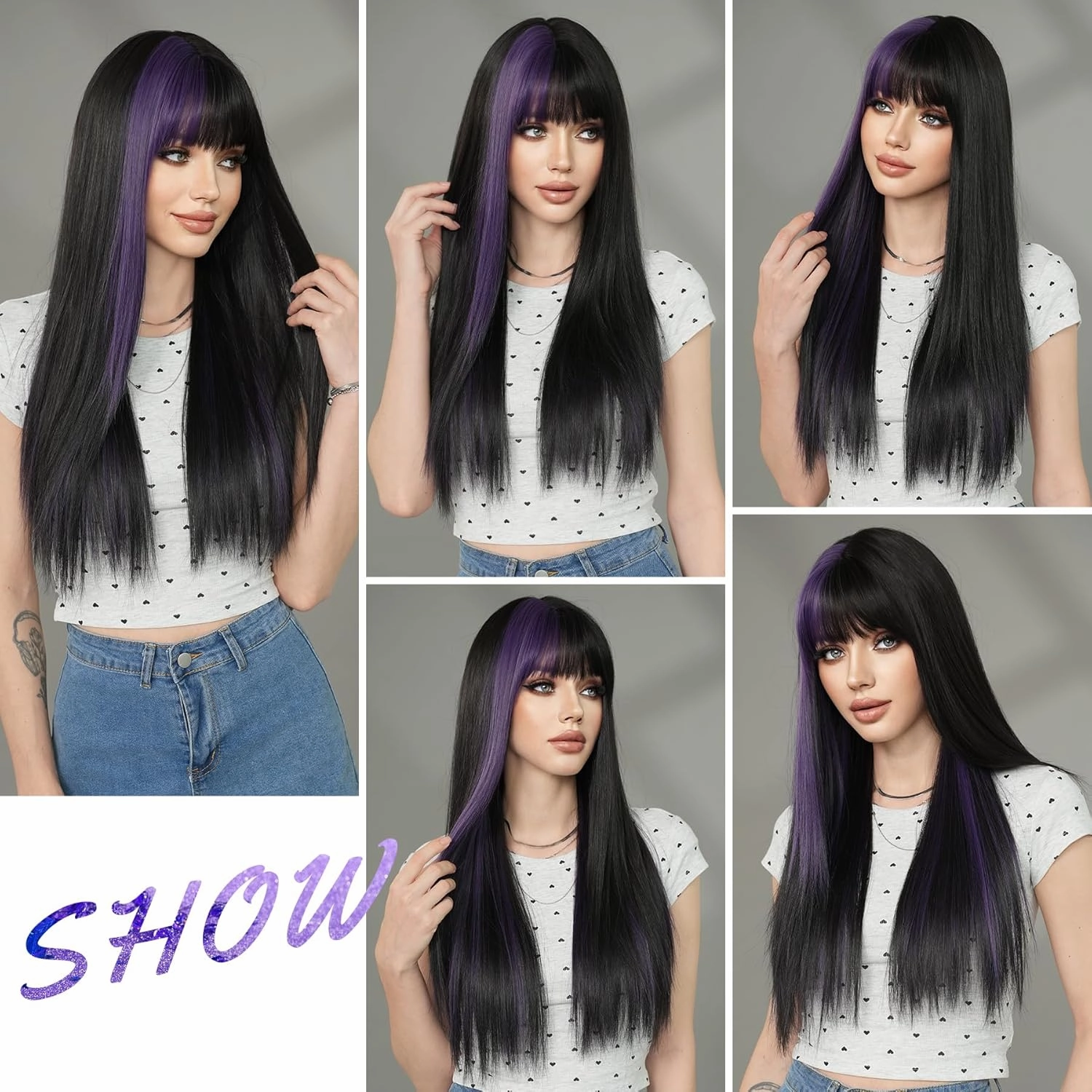 7JHH WIGS Long Straight Purple Highlight Wig with Bangs 27in Natural Heat Resistant Fiber Synthetic Half Black Half Purple Layered Wigs for Women Girls Holiday Chrismas Daily Party Used