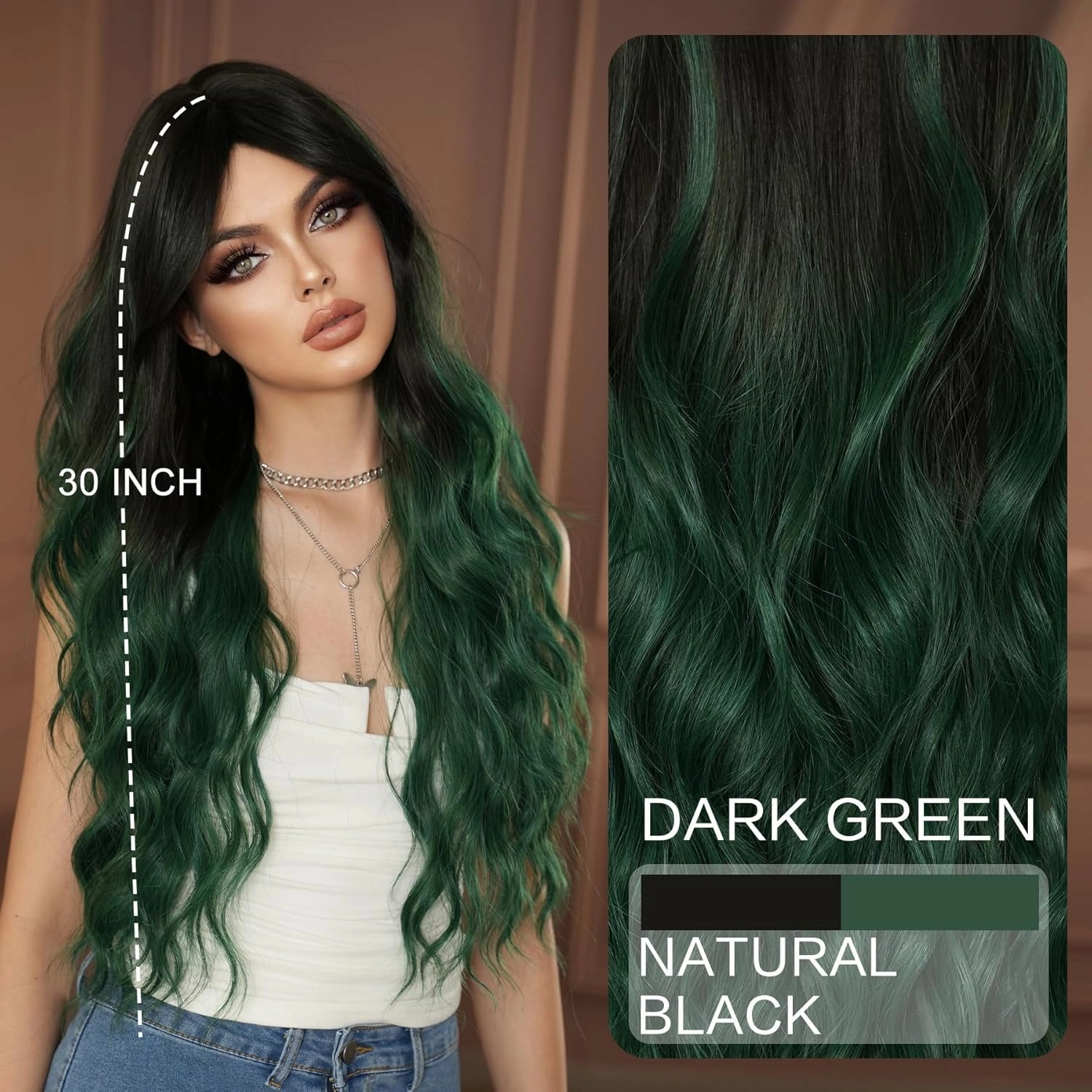 7JHH WIGS Long Wavy Synthetic Dark Green Ombre Wigs with Dark Roots Black Green Ombre Hollween Curly Cosplay Party Wigs for Women Used