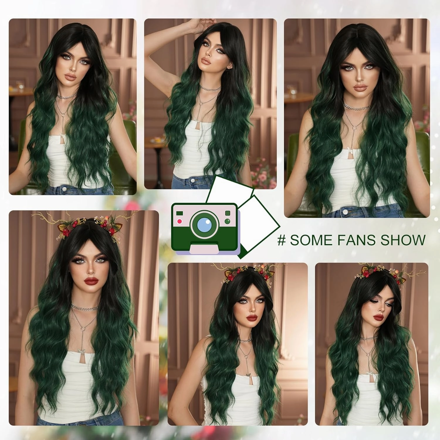 7JHH WIGS Long Wavy Synthetic Dark Green Ombre Wigs with Dark Roots Black Green Ombre Hollween Curly Cosplay Party Wigs for Women Used