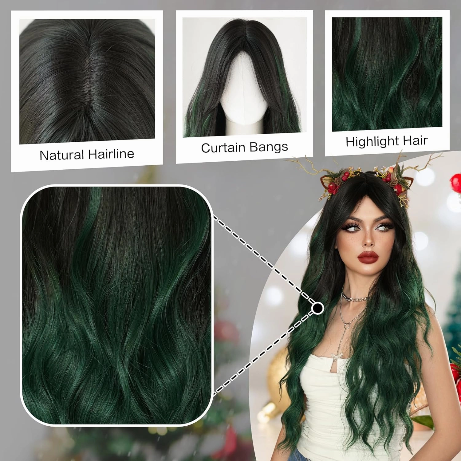 7JHH WIGS Long Wavy Synthetic Dark Green Ombre Wigs with Dark Roots Black Green Ombre Hollween Curly Cosplay Party Wigs for Women Used