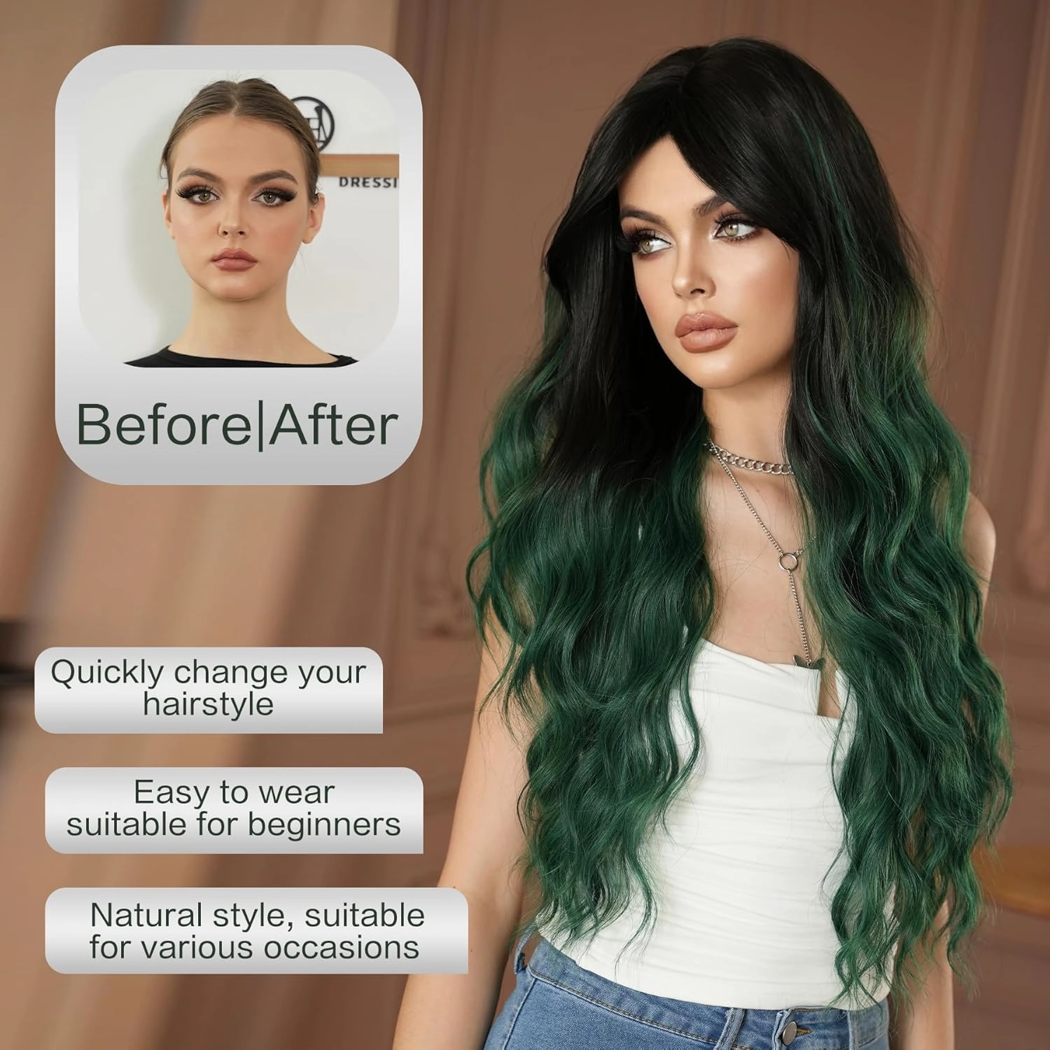 7JHH WIGS Long Wavy Synthetic Dark Green Ombre Wigs with Dark Roots Black Green Ombre Hollween Curly Cosplay Party Wigs for Women Used