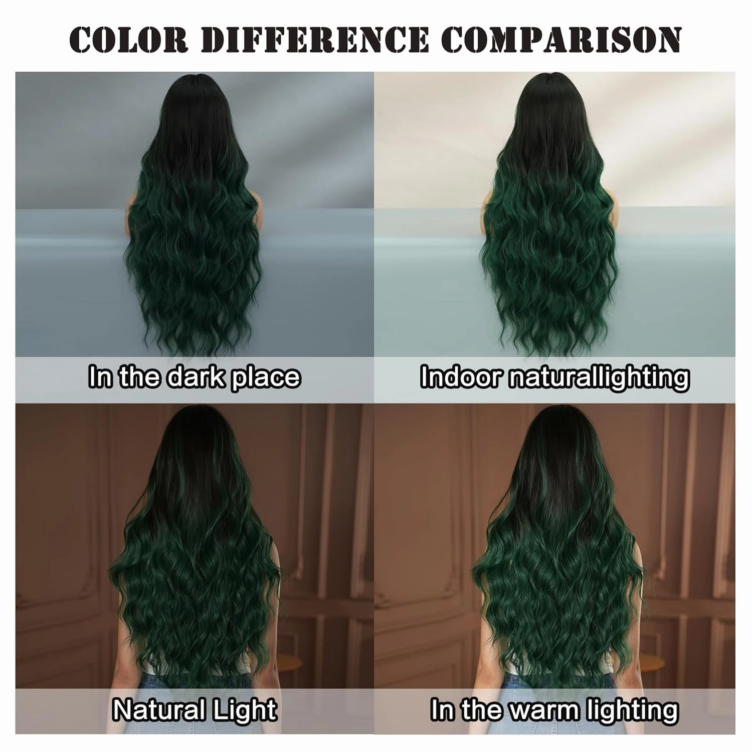 7JHH WIGS Long Wavy Synthetic Dark Green Ombre Wigs with Dark Roots Black Green Ombre Hollween Curly Cosplay Party Wigs for Women Used