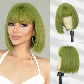 7JHH WIGS Short Straight Wig with Bangs 12in Short Green Bob Wig Synthetic Natural Hair Heat Resistant 150% Density Staight Layered Wig for Women Daily Used