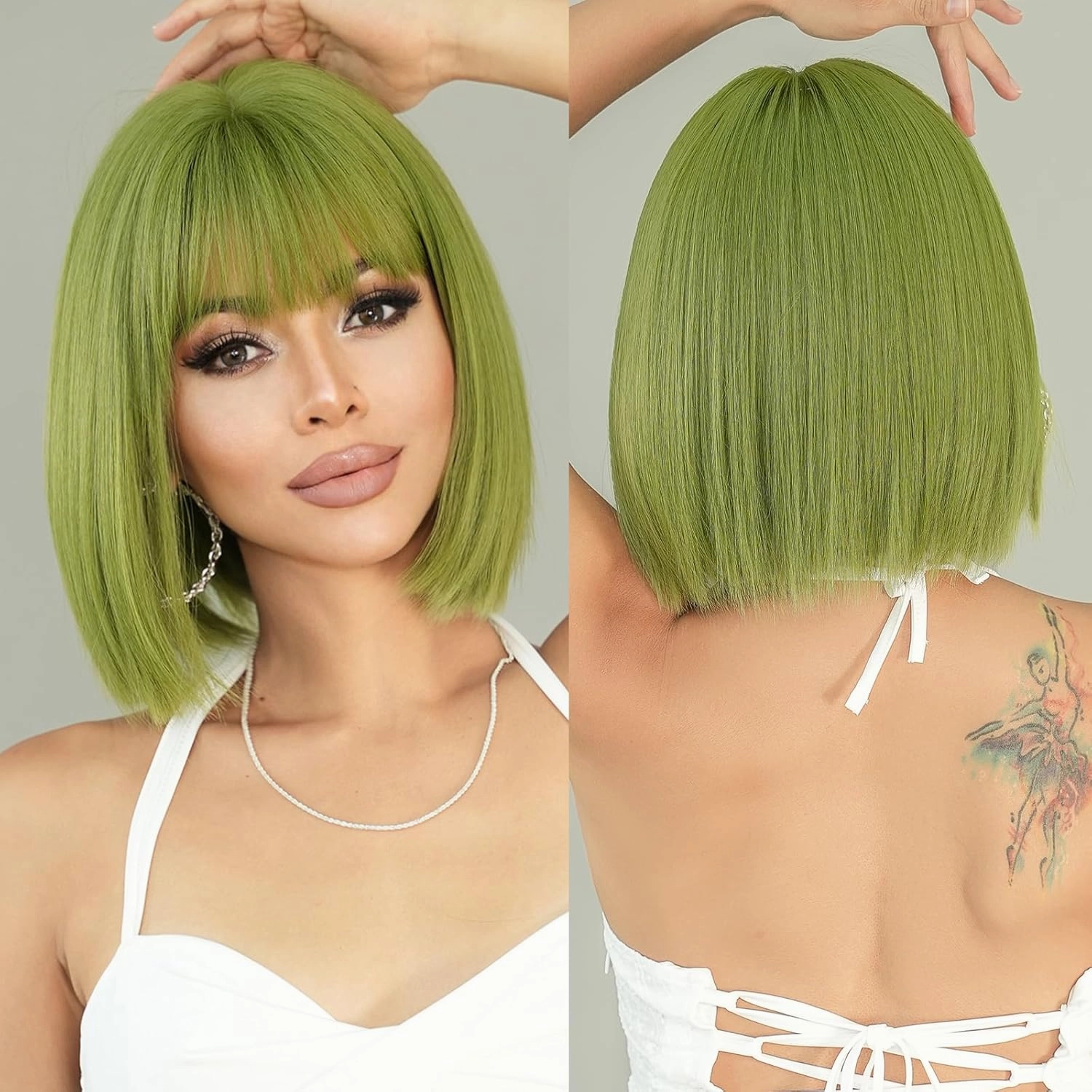 7JHH WIGS Short Straight Wig with Bangs 12in Short Green Bob Wig Synthetic Natural Hair Heat Resistant 150% Density Staight Layered Wig for Women Daily Used