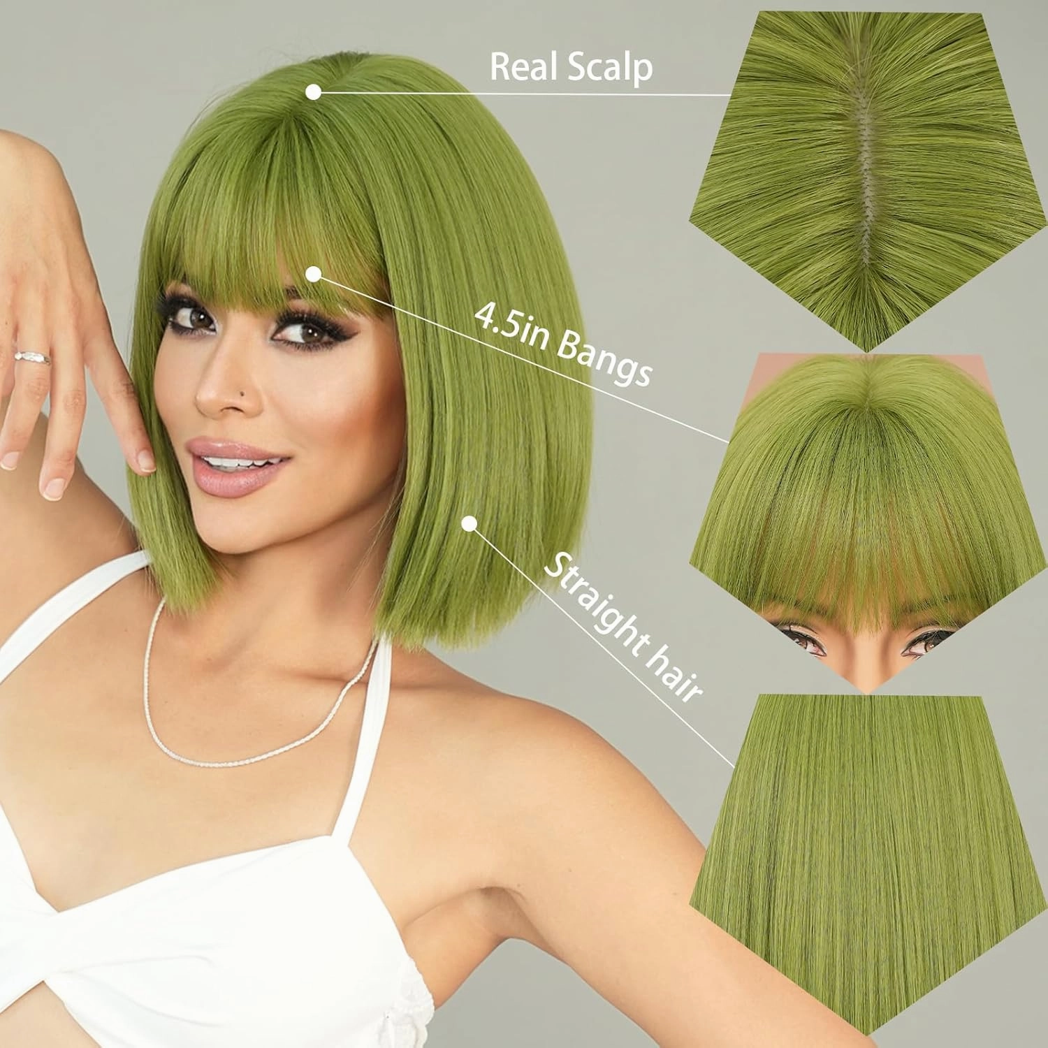 7JHH WIGS Short Straight Wig with Bangs 12in Short Green Bob Wig Synthetic Natural Hair Heat Resistant 150% Density Staight Layered Wig for Women Daily Used