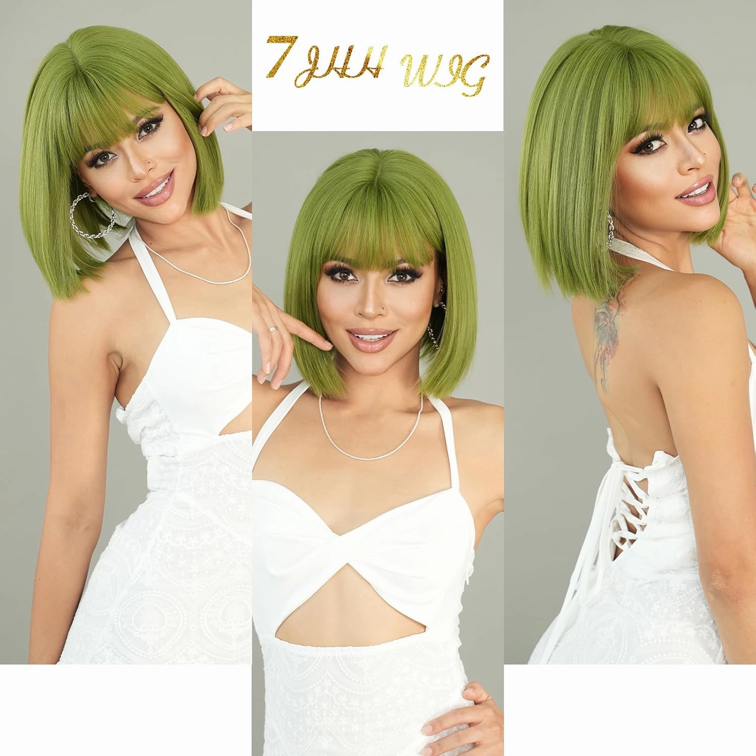 7JHH WIGS Short Straight Wig with Bangs 12in Short Green Bob Wig Synthetic Natural Hair Heat Resistant 150% Density Staight Layered Wig for Women Daily Used