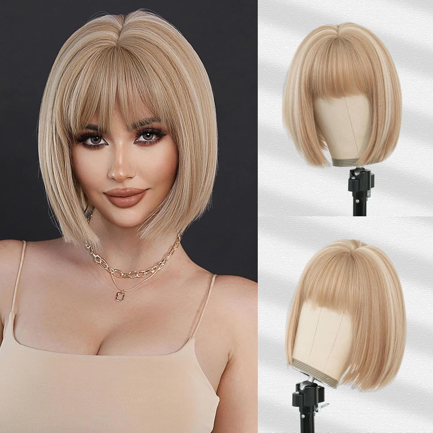 7JHH WIGS Short Straight Wig with Bangs 12in Short Natural Blonde Bob Highlight Wig Synthetic Natural Hair Heat Resistant 150% Density Staight Layered Wig for Women Daily Used