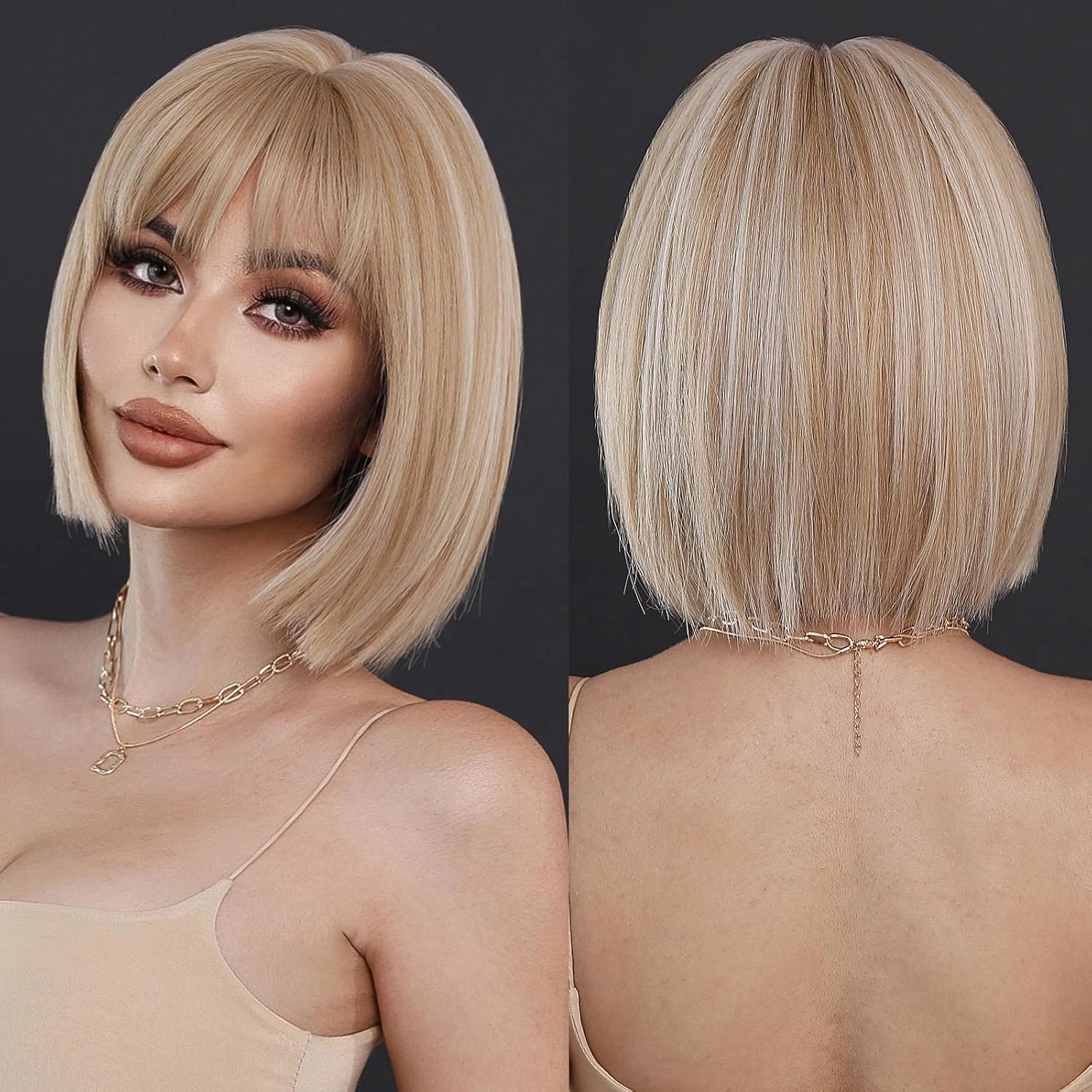 7JHH WIGS Short Straight Wig with Bangs 12in Short Natural Blonde Bob Highlight Wig Synthetic Natural Hair Heat Resistant 150% Density Staight Layered Wig for Women Daily Used