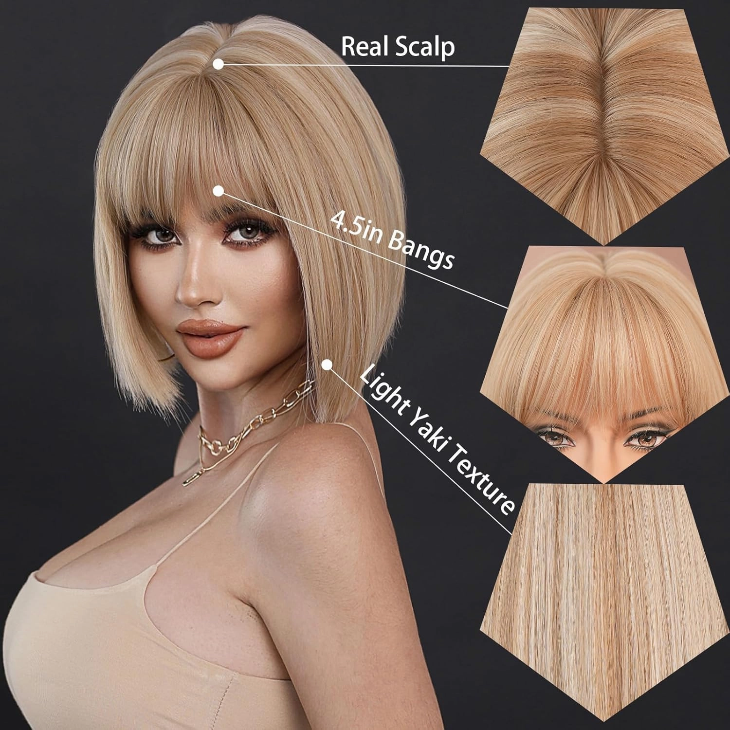 7JHH WIGS Short Straight Wig with Bangs 12in Short Natural Blonde Bob Highlight Wig Synthetic Natural Hair Heat Resistant 150% Density Staight Layered Wig for Women Daily Used