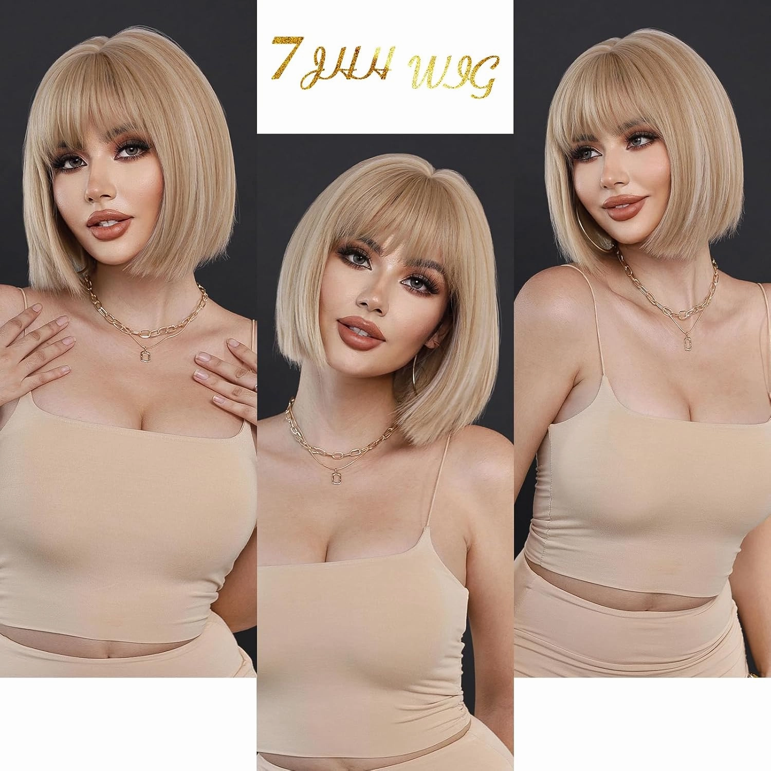 7JHH WIGS Short Straight Wig with Bangs 12in Short Natural Blonde Bob Highlight Wig Synthetic Natural Hair Heat Resistant 150% Density Staight Layered Wig for Women Daily Used