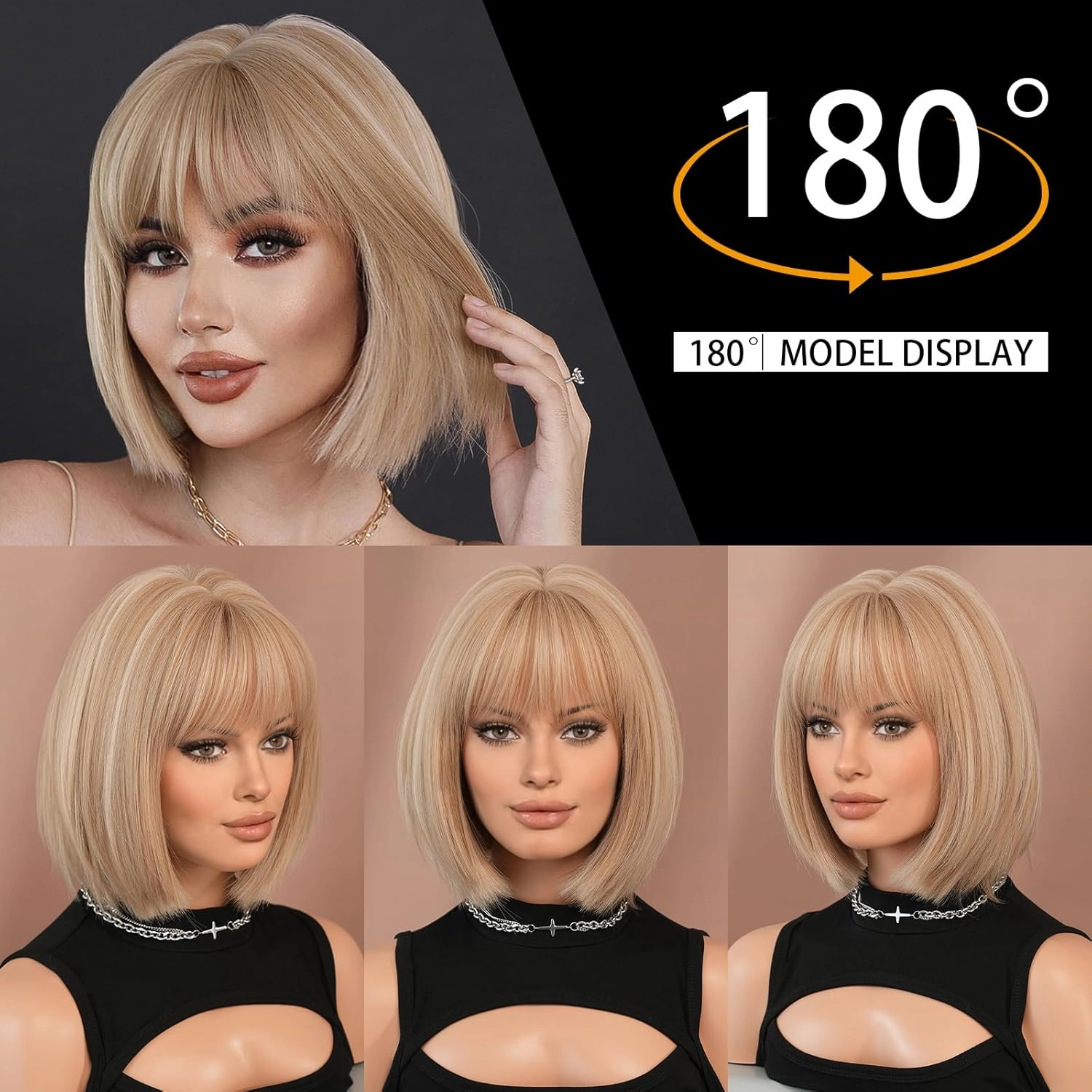 7JHH WIGS Short Straight Wig with Bangs 12in Short Natural Blonde Bob Highlight Wig Synthetic Natural Hair Heat Resistant 150% Density Staight Layered Wig for Women Daily Used