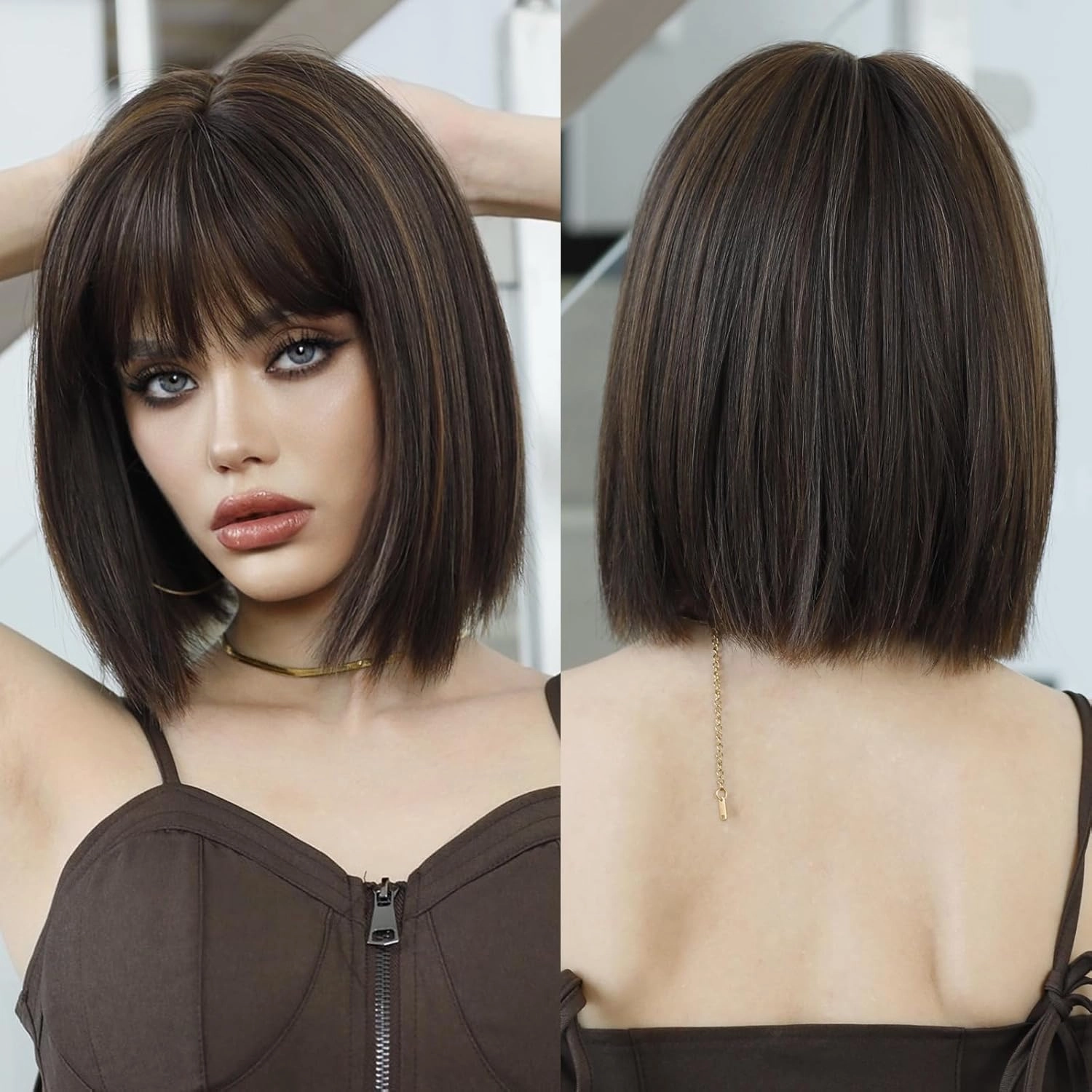 7JHH WIGS Short Straight Wig with Bangs 12in Short Natural Blonde Brown Bob Highlight Wig Synthetic Natural Hair Heat Resistant 150% Density Staight Layered Wig for Women Daily Used