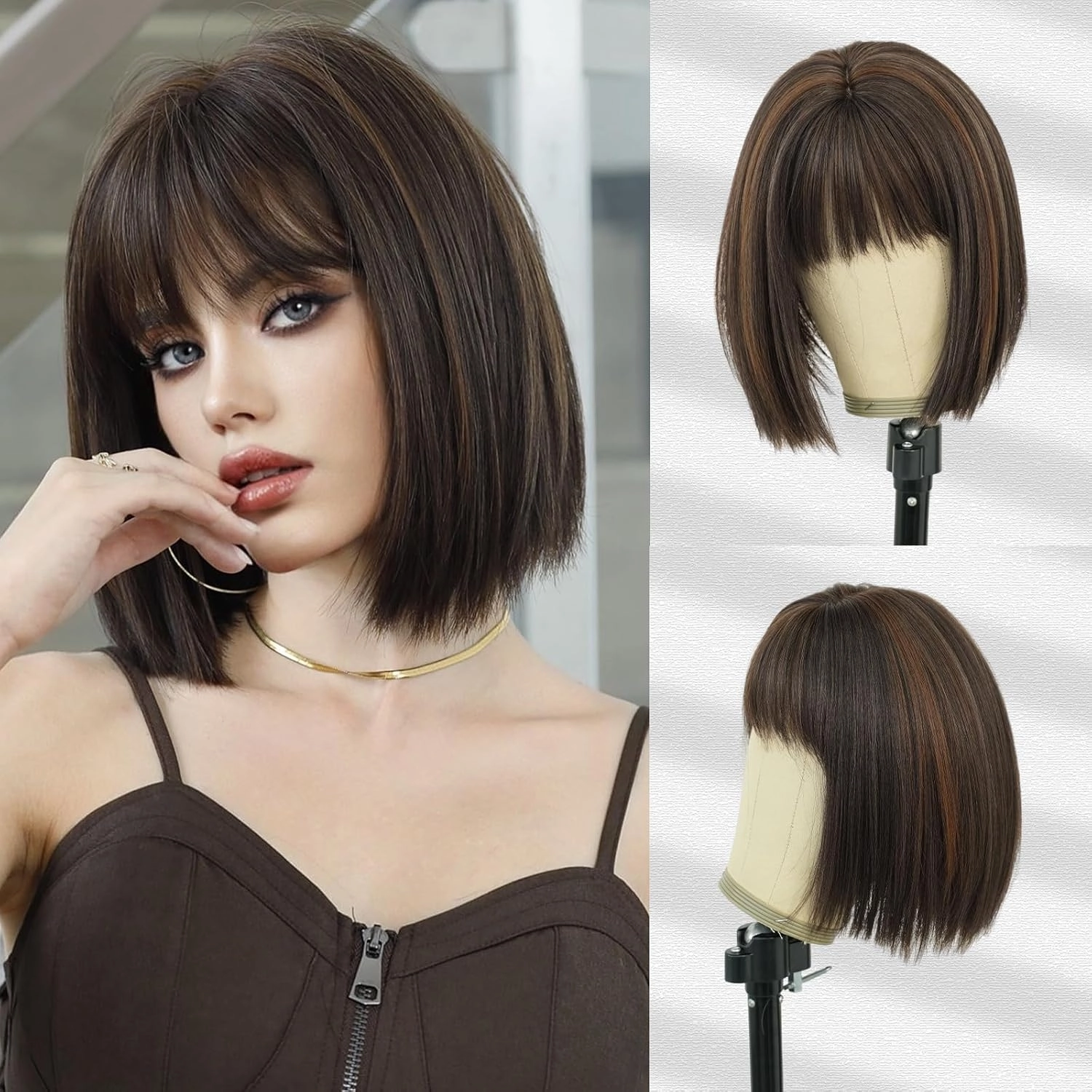 7JHH WIGS Short Straight Wig with Bangs 12in Short Natural Blonde Brown Bob Highlight Wig Synthetic Natural Hair Heat Resistant 150% Density Staight Layered Wig for Women Daily Used