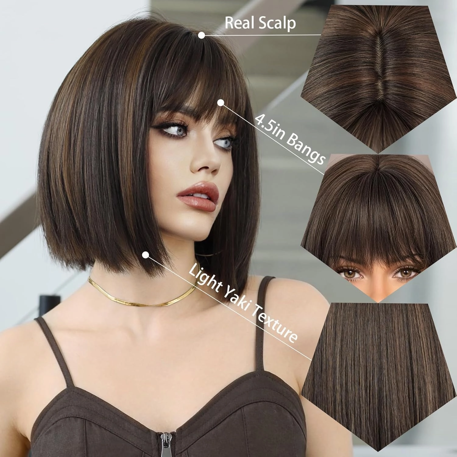 7JHH WIGS Short Straight Wig with Bangs 12in Short Natural Blonde Brown Bob Highlight Wig Synthetic Natural Hair Heat Resistant 150% Density Staight Layered Wig for Women Daily Used