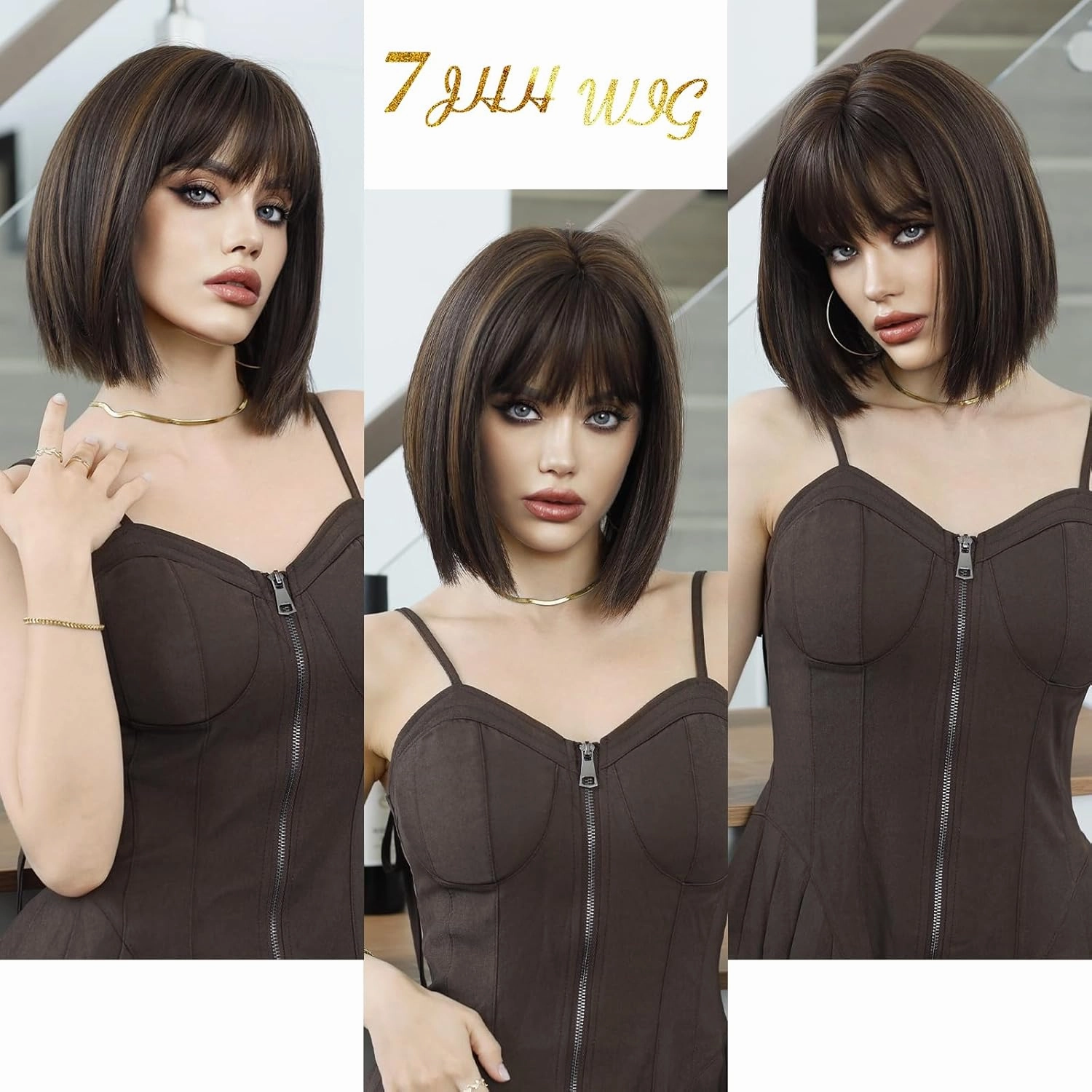 7JHH WIGS Short Straight Wig with Bangs 12in Short Natural Blonde Brown Bob Highlight Wig Synthetic Natural Hair Heat Resistant 150% Density Staight Layered Wig for Women Daily Used