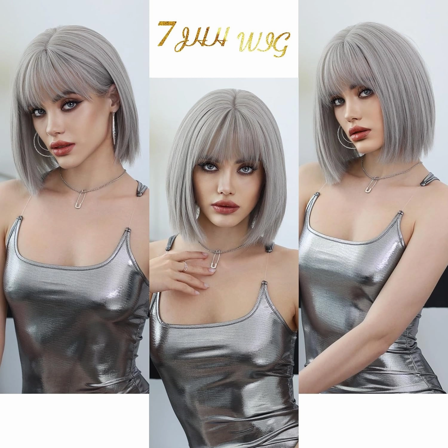 7JHH WIGS Short Straight Wig with Bangs 12in Short Natural Grey Blonde Bob Highlight Wig Synthetic Natural Hair Heat Resistant 150% Density Staight Layered Wig for Women Daily Used