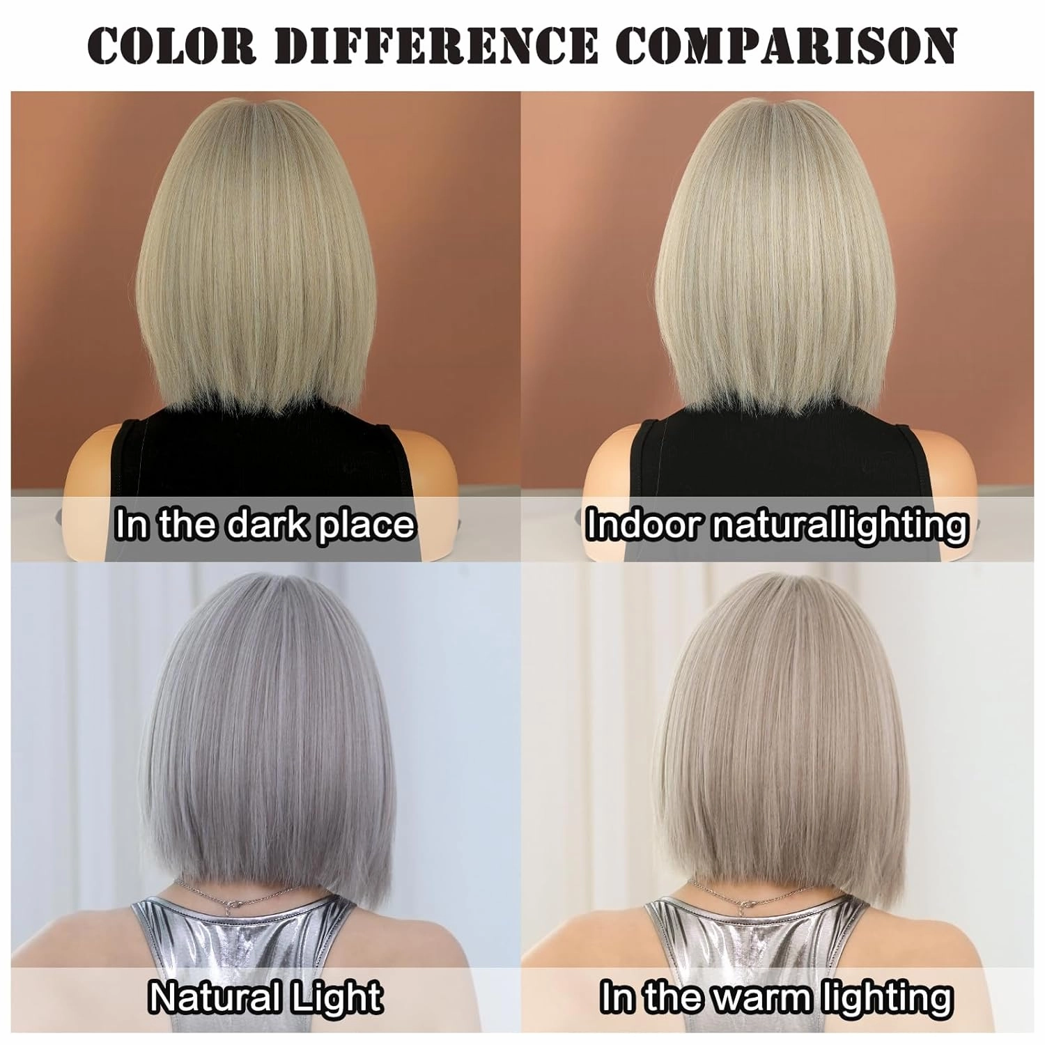 7JHH WIGS Short Straight Wig with Bangs 12in Short Natural Grey Blonde Bob Highlight Wig Synthetic Natural Hair Heat Resistant 150% Density Staight Layered Wig for Women Daily Used