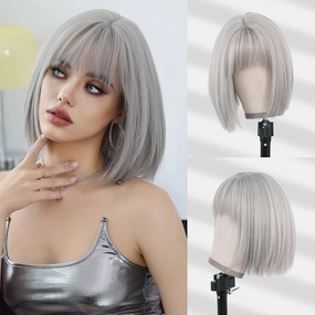 7JHH WIGS Short Straight Wig with Bangs 12in Short Natural Grey Blonde Bob Highlight Wig Synthetic Natural Hair Heat Resistant 150% Density Staight Layered Wig for Women Daily Used