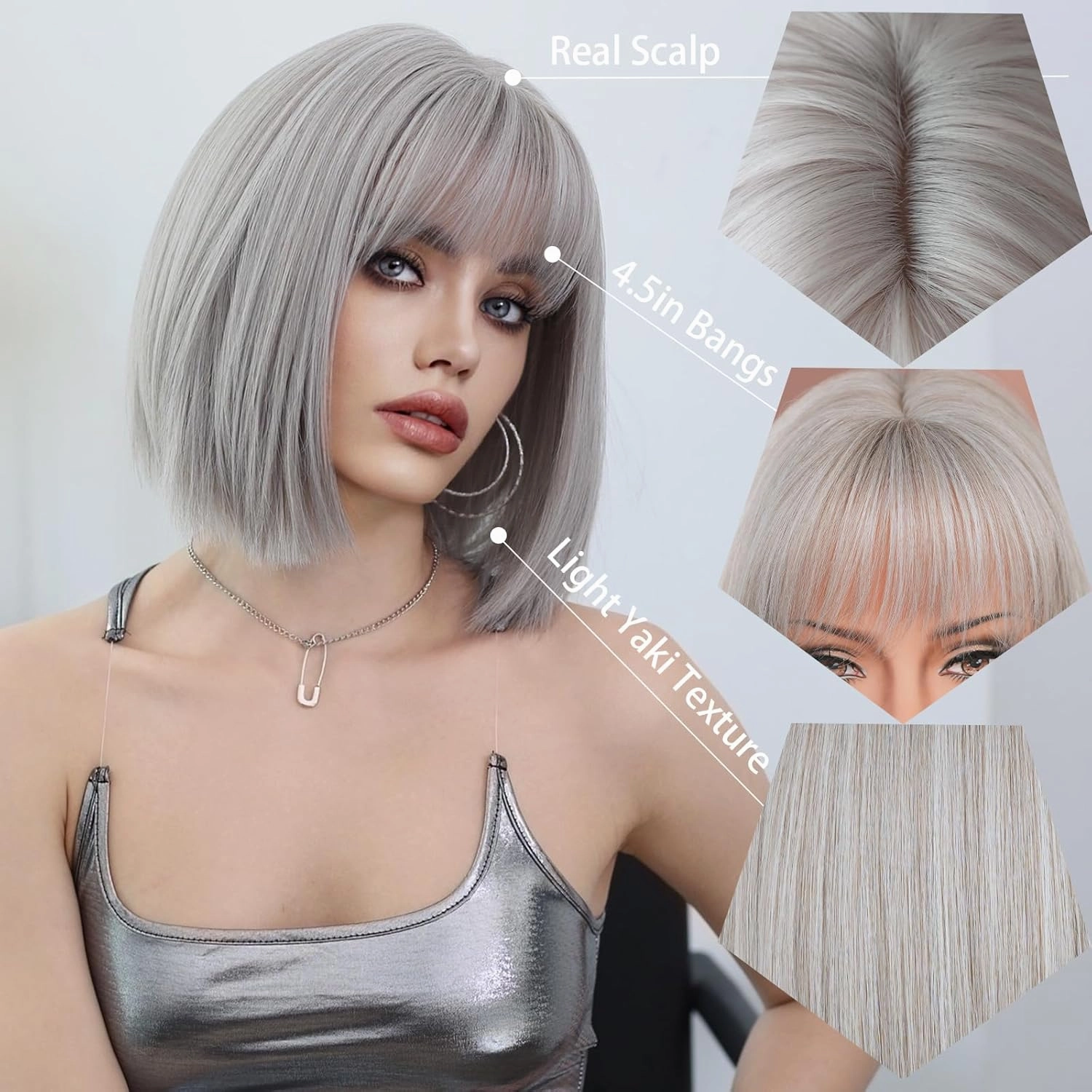 7JHH WIGS Short Straight Wig with Bangs 12in Short Natural Grey Blonde Bob Highlight Wig Synthetic Natural Hair Heat Resistant 150% Density Staight Layered Wig for Women Daily Used