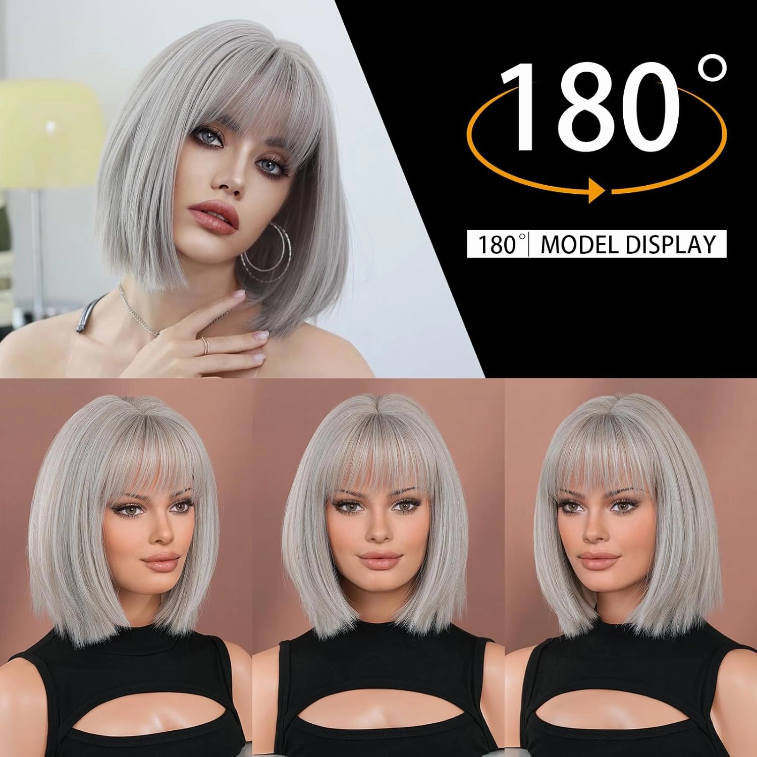 7JHH WIGS Short Straight Wig with Bangs 12in Short Natural Grey Blonde Bob Highlight Wig Synthetic Natural Hair Heat Resistant 150% Density Staight Layered Wig for Women Daily Used