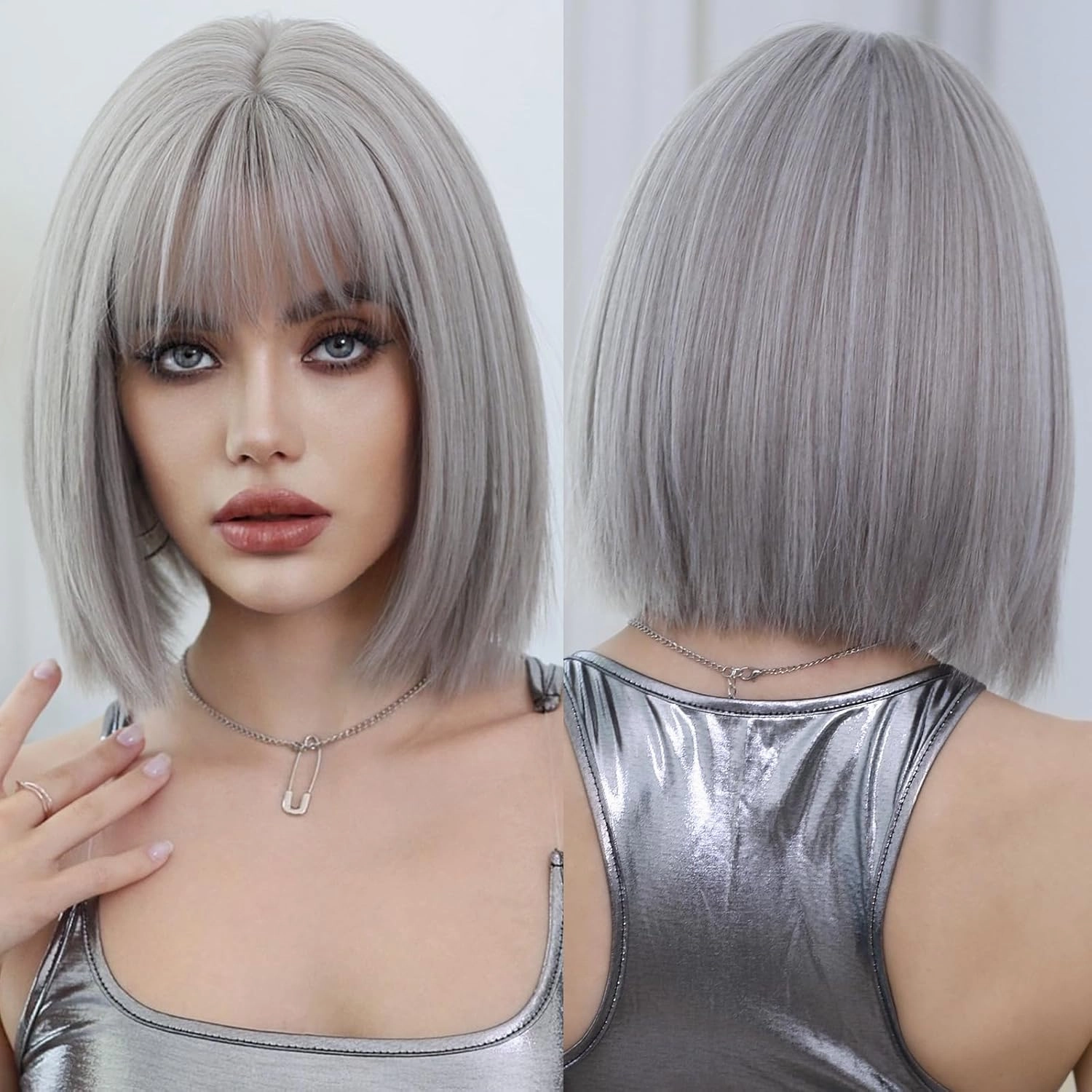 7JHH WIGS Short Straight Wig with Bangs 12in Short Natural Grey Blonde Bob Highlight Wig Synthetic Natural Hair Heat Resistant 150% Density Staight Layered Wig for Women Daily Used