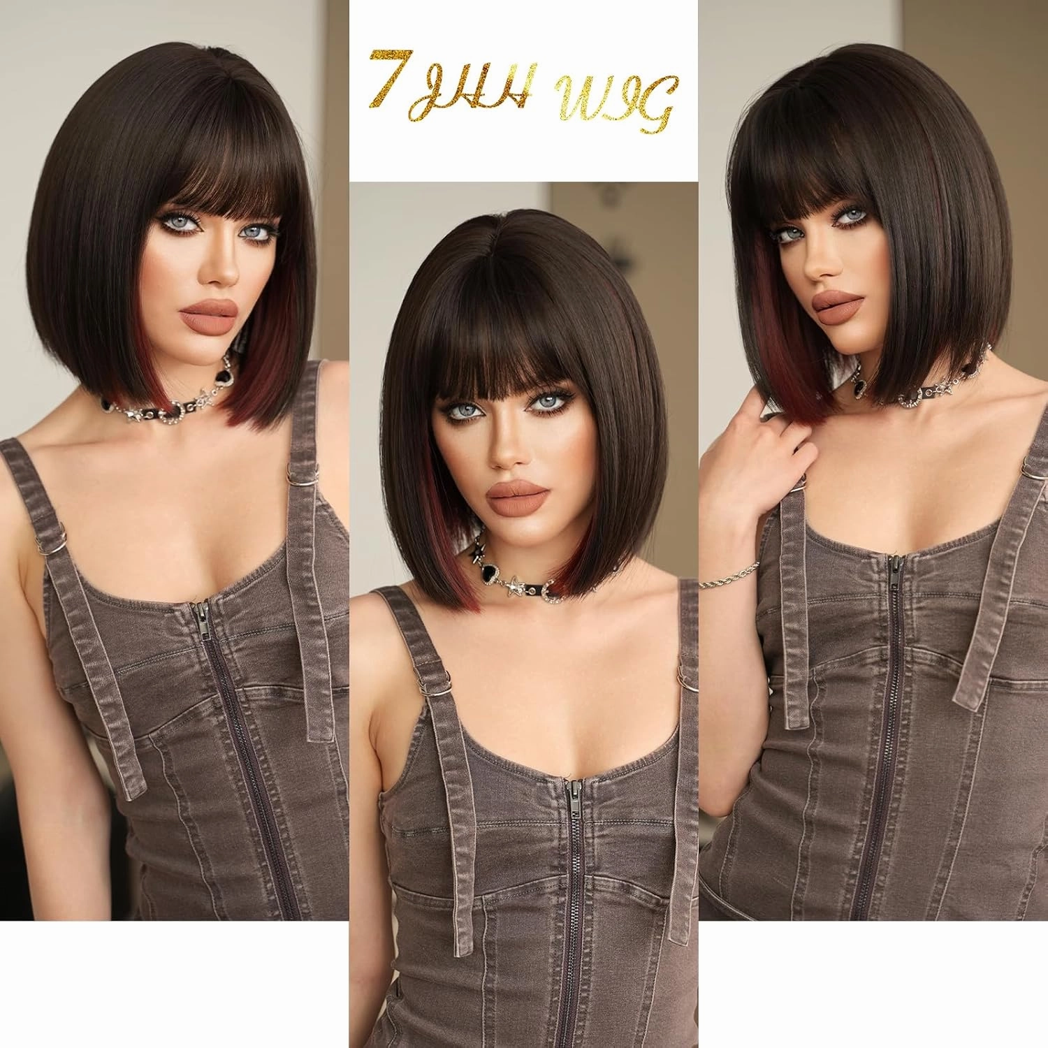 7JHH WIGS Short Straight Wig with Bangs 14in Short Natural Black Wig Burgundy Red Highlight Synthetic Wigs Natural Hair Heat Resistant 150% Density Staight Layered Wig for Women Daily Used