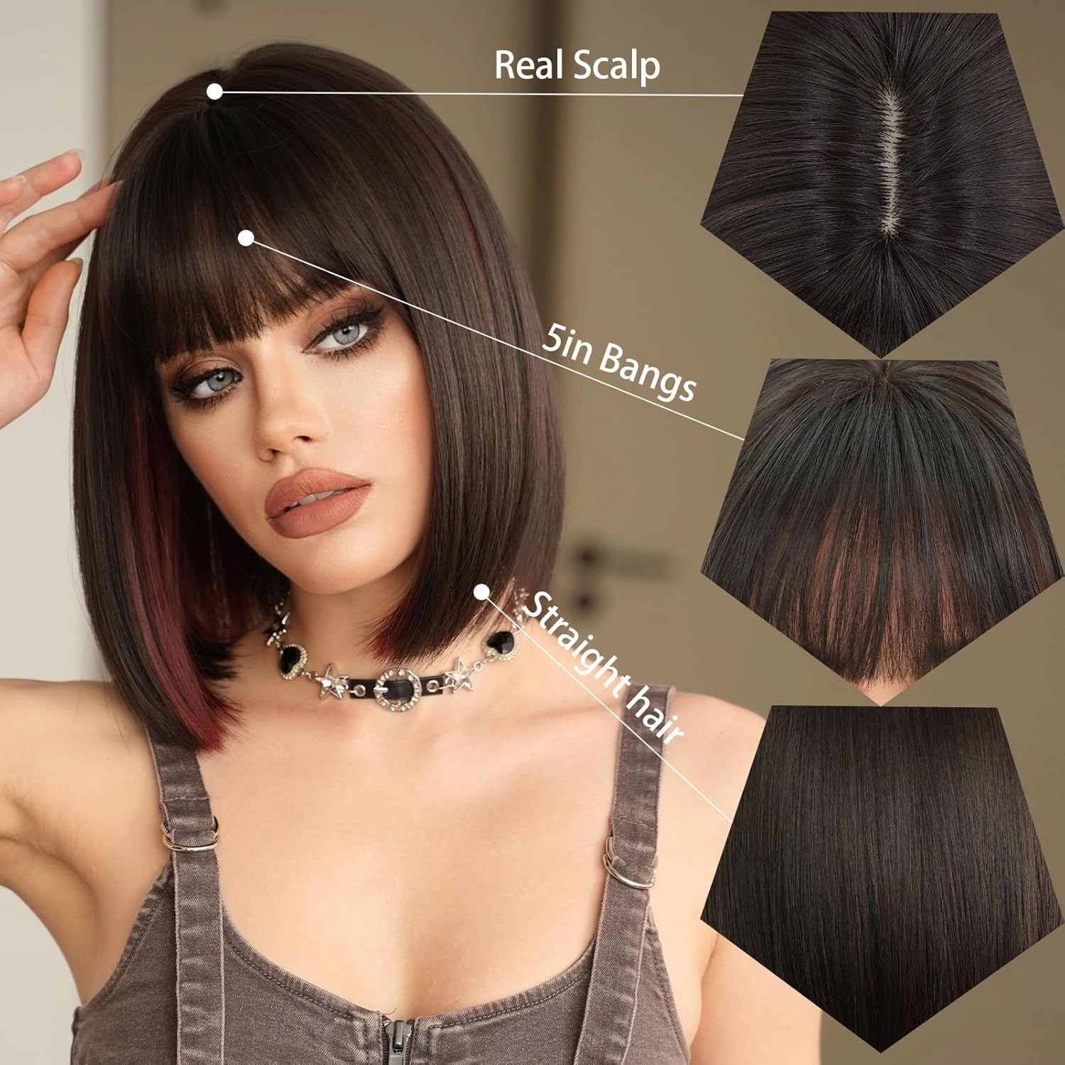 7JHH WIGS Short Straight Wig with Bangs 14in Short Natural Black Wig Burgundy Red Highlight Synthetic Wigs Natural Hair Heat Resistant 150% Density Staight Layered Wig for Women Daily Used