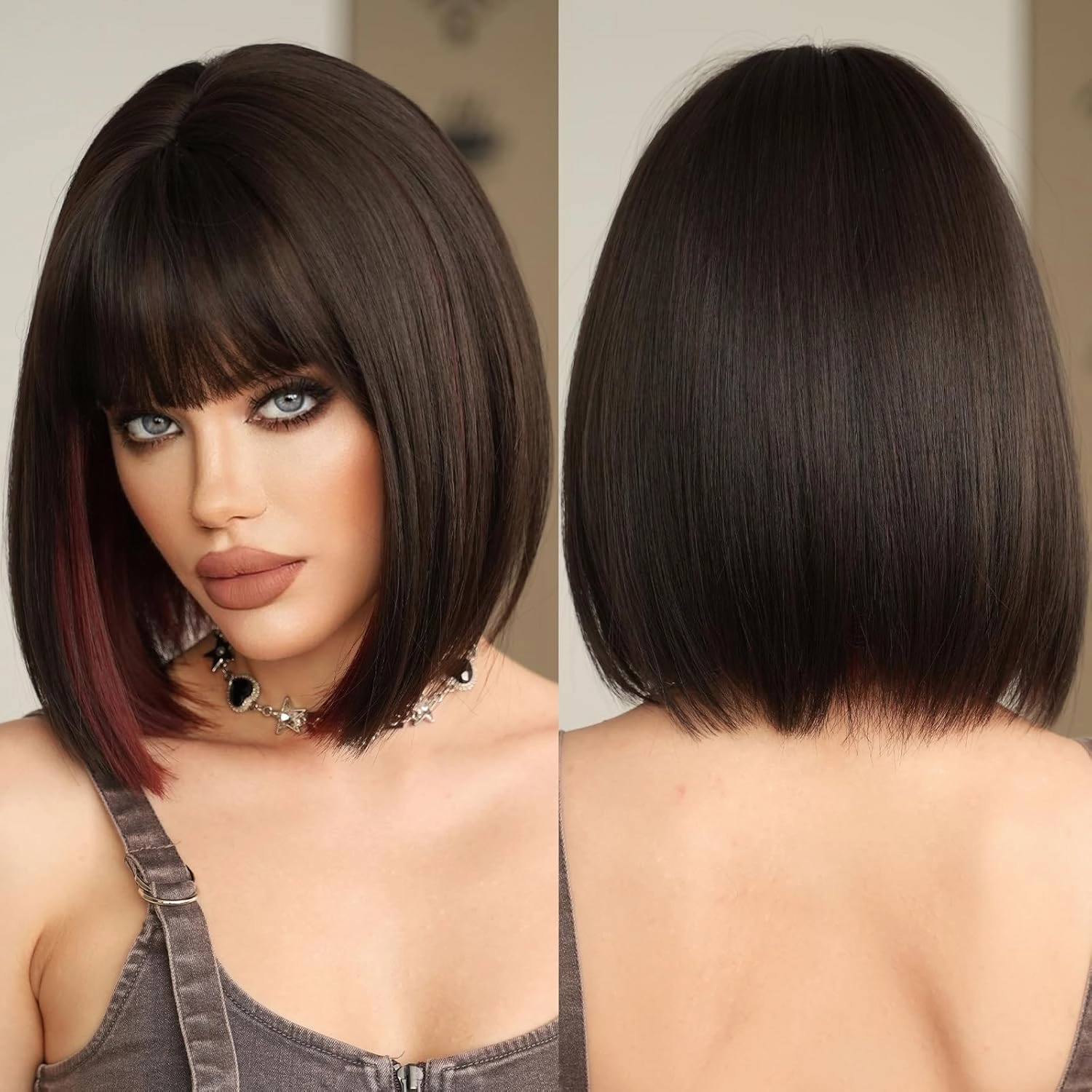 7JHH WIGS Short Straight Wig with Bangs 14in Short Natural Black Wig Burgundy Red Highlight Synthetic Wigs Natural Hair Heat Resistant 150% Density Staight Layered Wig for Women Daily Used