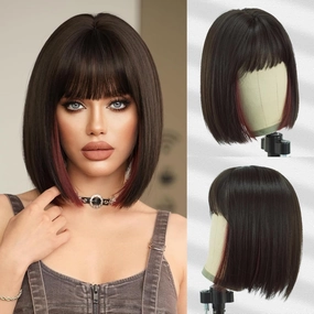 7JHH WIGS Short Straight Wig with Bangs 14in Short Natural Black Wig Burgundy Red Highlight Synthetic Wigs Natural Hair Heat Resistant 150% Density Staight Layered Wig for Women Daily Used