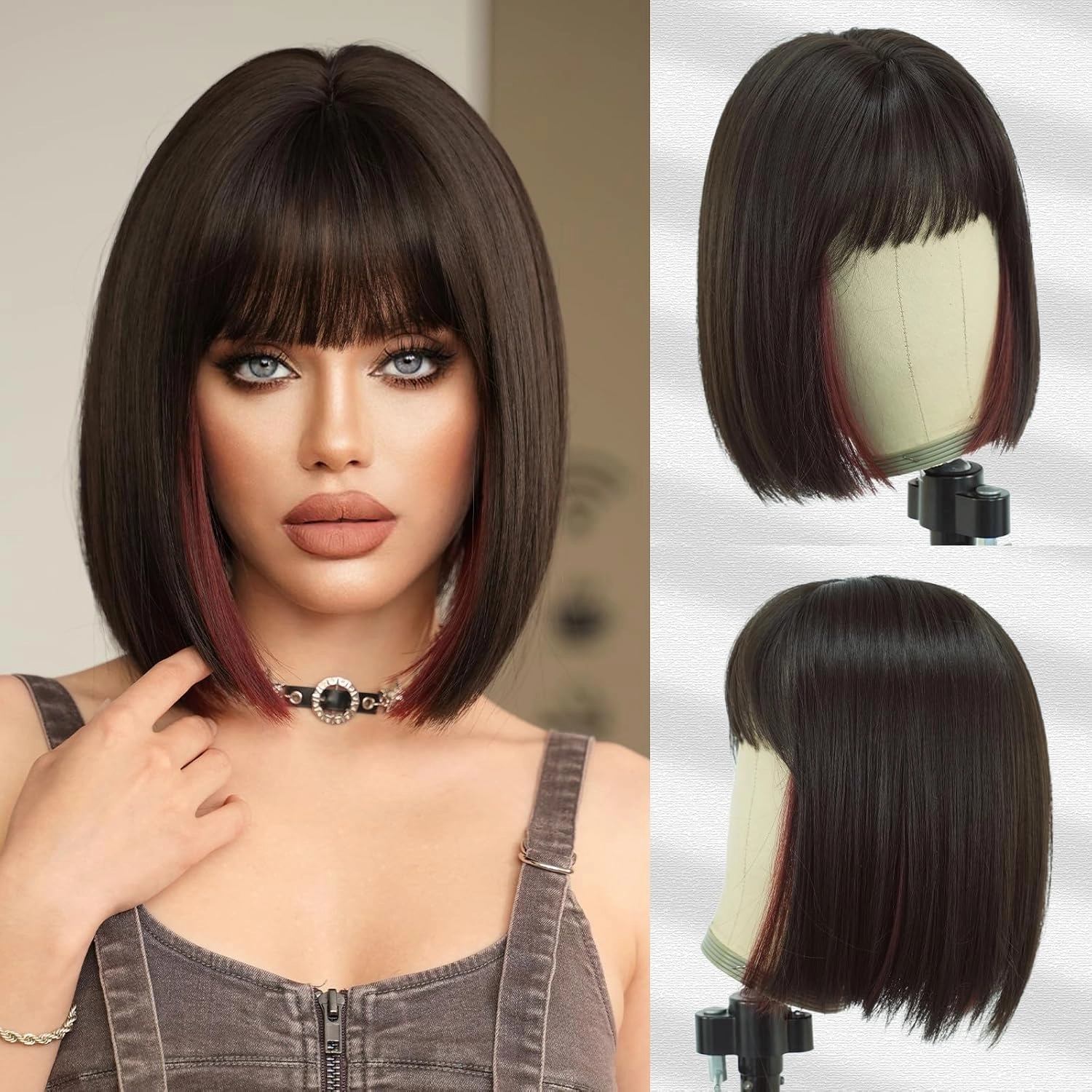 7JHH WIGS Short Straight Wig with Bangs 14in Short Natural Black Wig Burgundy Red Highlight Synthetic Wigs Natural Hair Heat Resistant 150% Density Staight Layered Wig for Women Daily Used