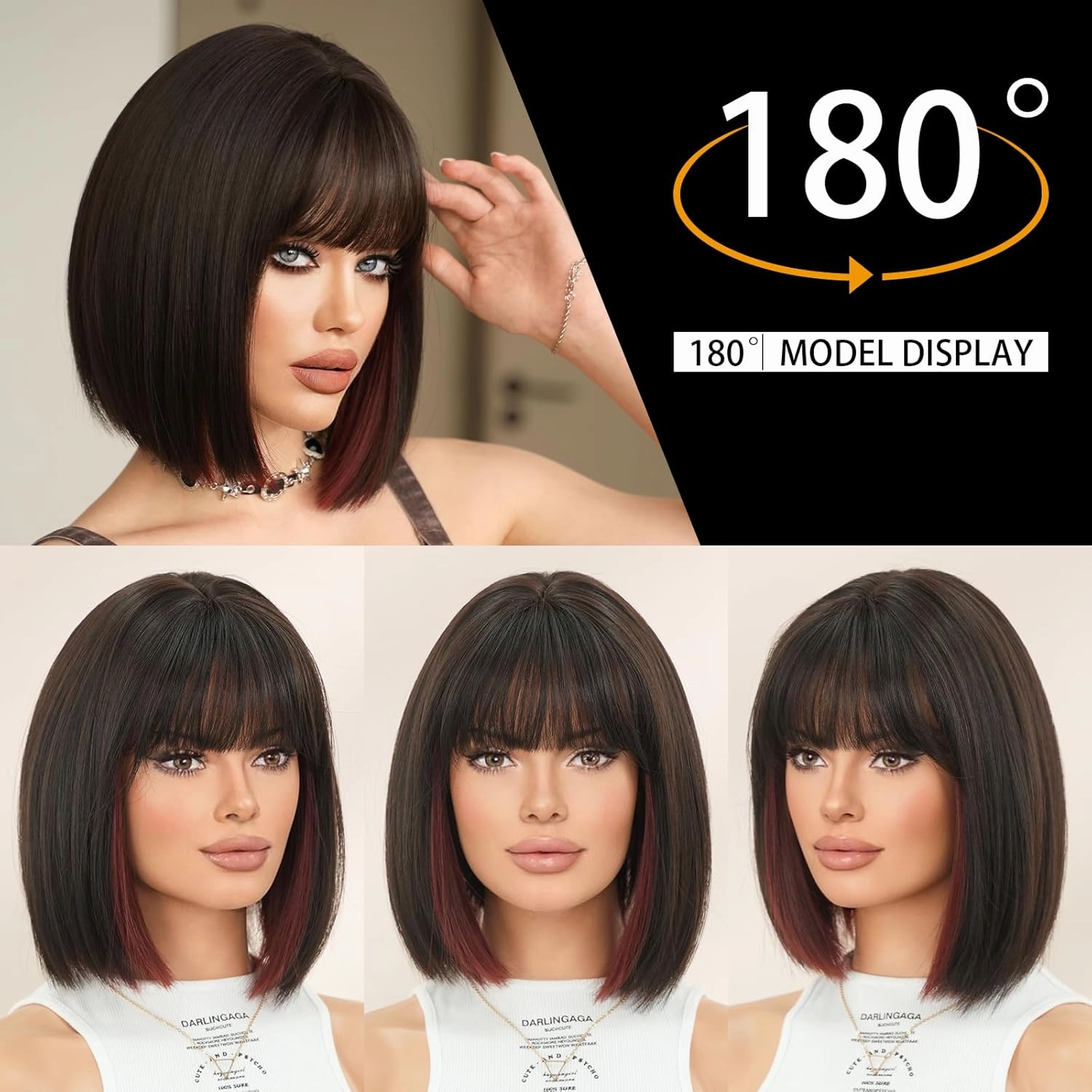 7JHH WIGS Short Straight Wig with Bangs 14in Short Natural Black Wig Burgundy Red Highlight Synthetic Wigs Natural Hair Heat Resistant 150% Density Staight Layered Wig for Women Daily Used
