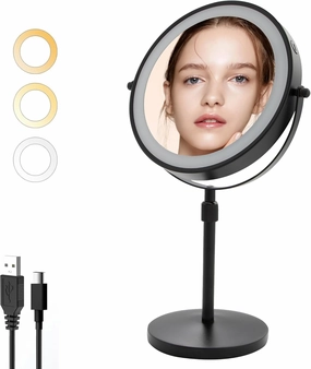 8" Adjustable Height Makeup Mirror with Lights, 1X/10X Magnification, USB Rechargeable 2000mAh, Black, 360° Rotation