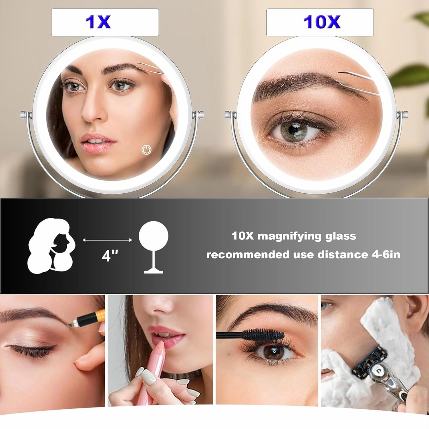 8" Adjustable Height Makeup Mirror with Lights, 1X/10X Magnification, USB Rechargeable 2000mAh, Black, 360° Rotation