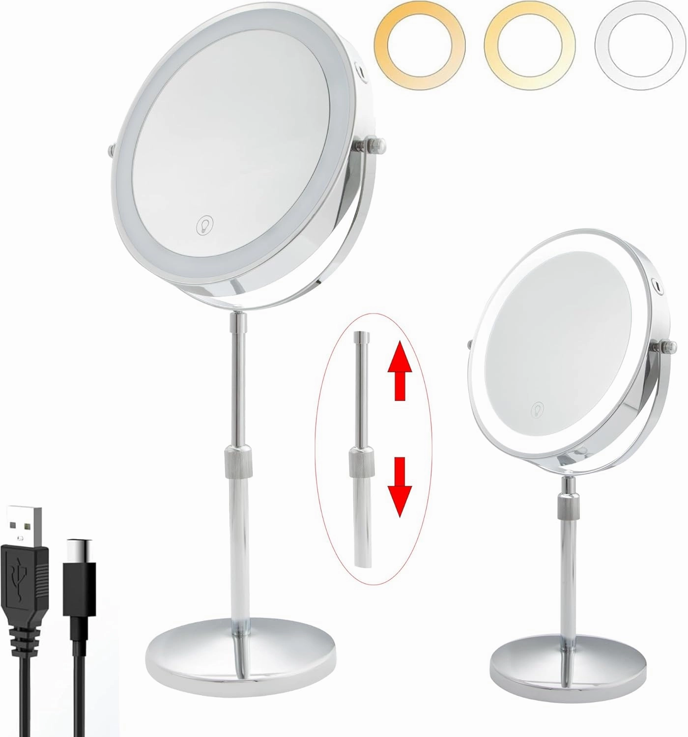 8" Adjustable Height Makeup Mirror with Lights, 1X/10X Magnification, USB Rechargeable 2000mAh, Black, 360° Rotation