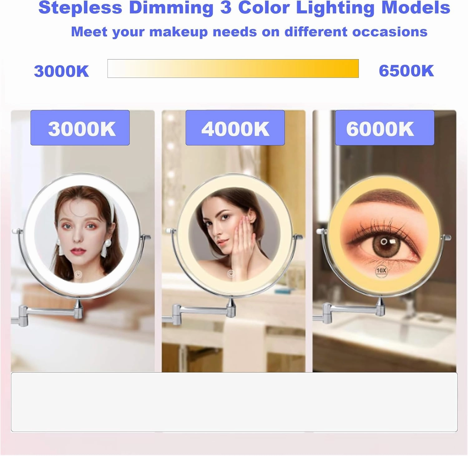 8" Adjustable Height Makeup Mirror with Lights, 1X/10X Magnification, USB Rechargeable 2000mAh, Black, 360° Rotation