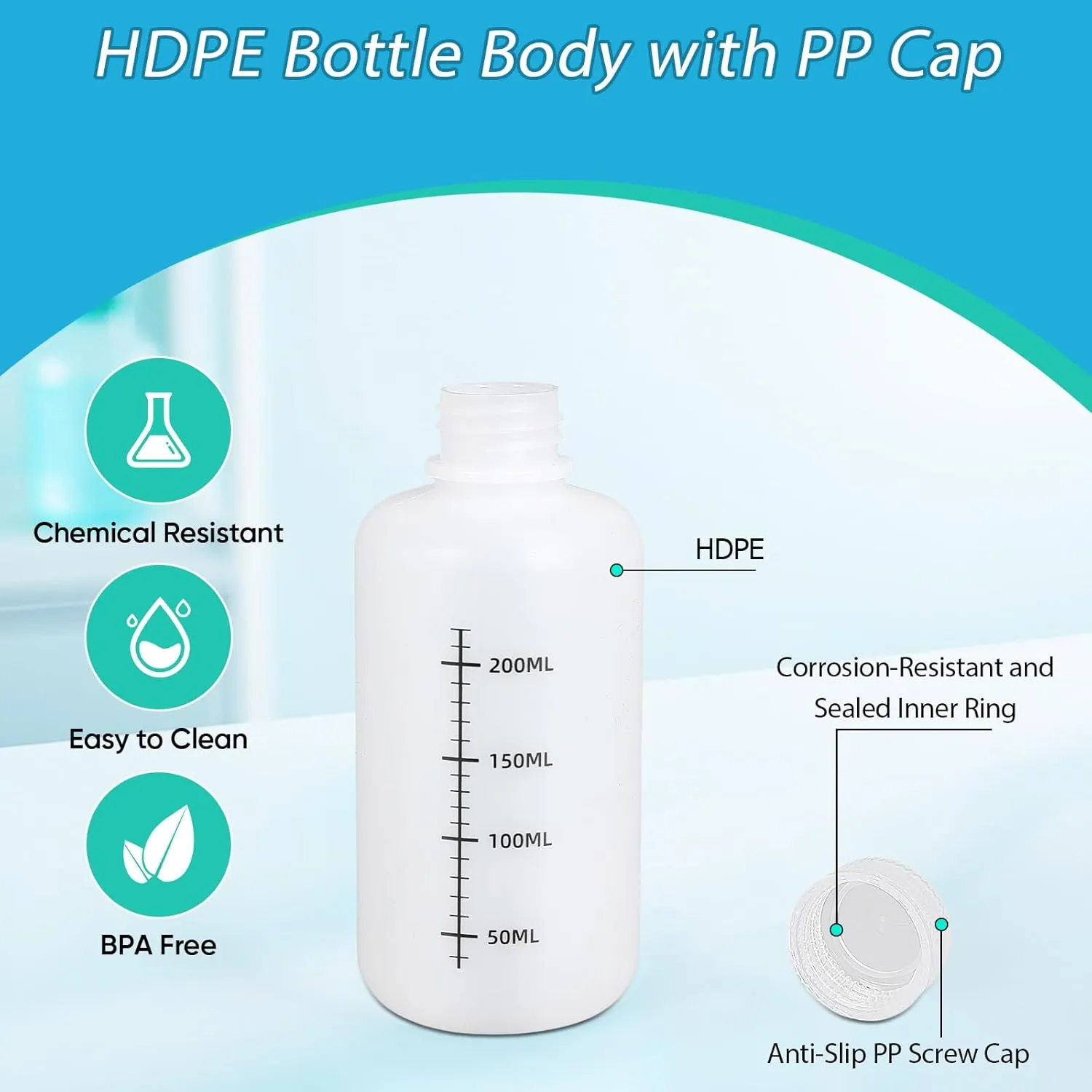 8oz/250ml Narrow Mouth Plastic Bottles with Caps, HDPE Laboratory Grade Graduated Liquid Containers for Reagent Sample Medicine Water Storage (Translucent, 4 Pcs)