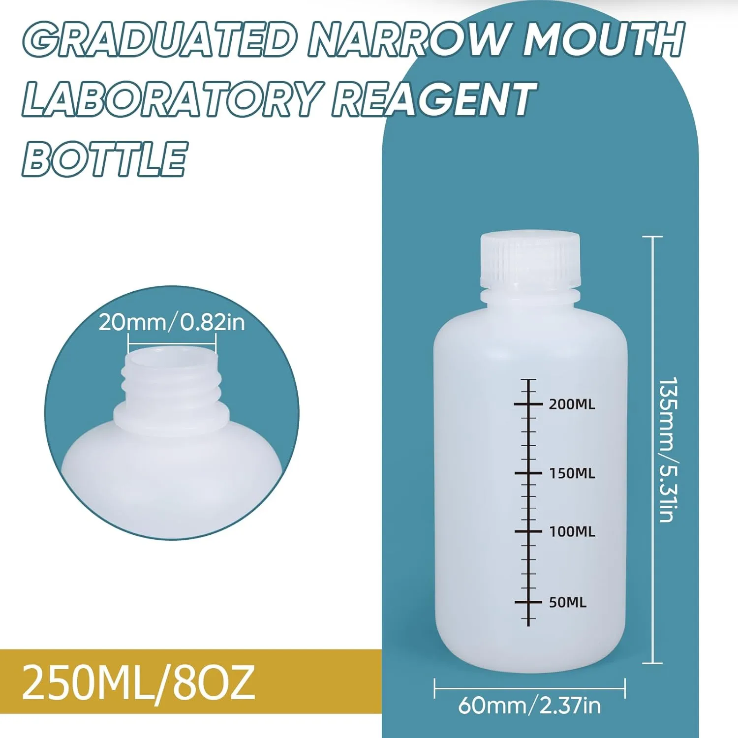 8oz/250ml Narrow Mouth Plastic Bottles with Caps, HDPE Laboratory Grade Graduated Liquid Containers for Reagent Sample Medicine Water Storage (Translucent, 4 Pcs)