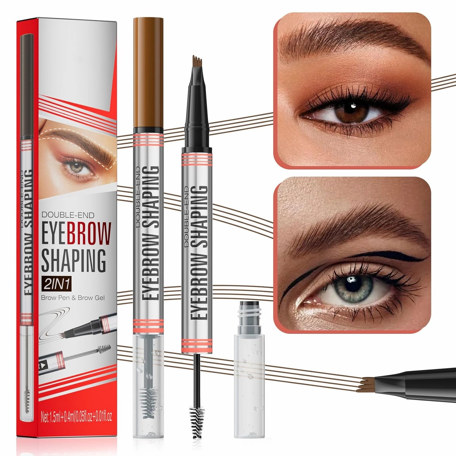 (2 Pieces) 2-in-1 Microblading Eyebrow Pen With 4-Fork-Tip   Sealing Brow Gel, Eyebrow Makeup Pen for Natural Hair-Like Brows, Waterproof Eyebrow Pencils, Last All-Day (Light brown Dark brown)