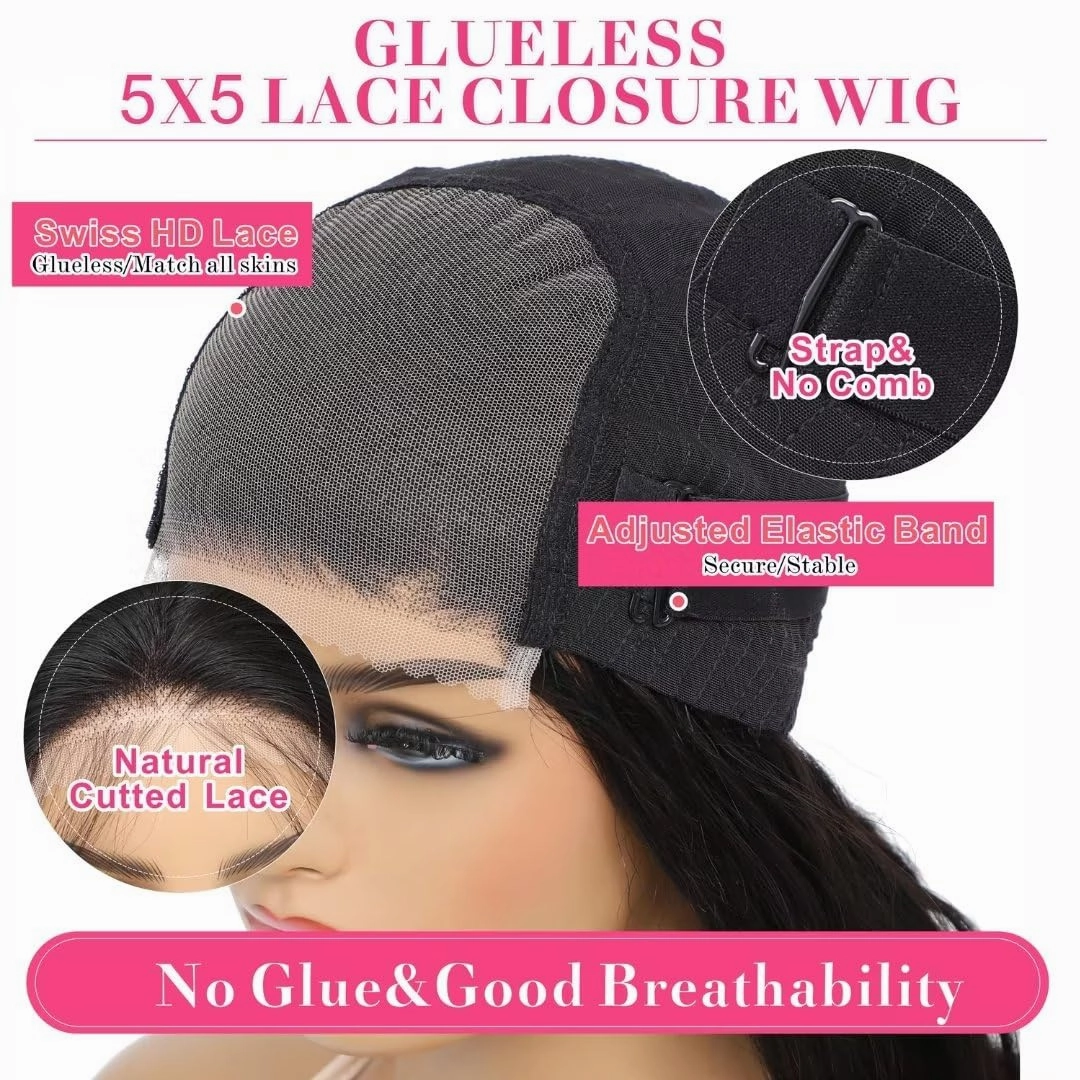 Aaliweya 5x5 Wear and Go Glueless Wig Pre Cut Lace Closure Wigs for Women 5x5 Hd Lace Closure Wigs Human Hair Pre Plucked Body Wave Closure Wig 180% Density Natural Black 22inch