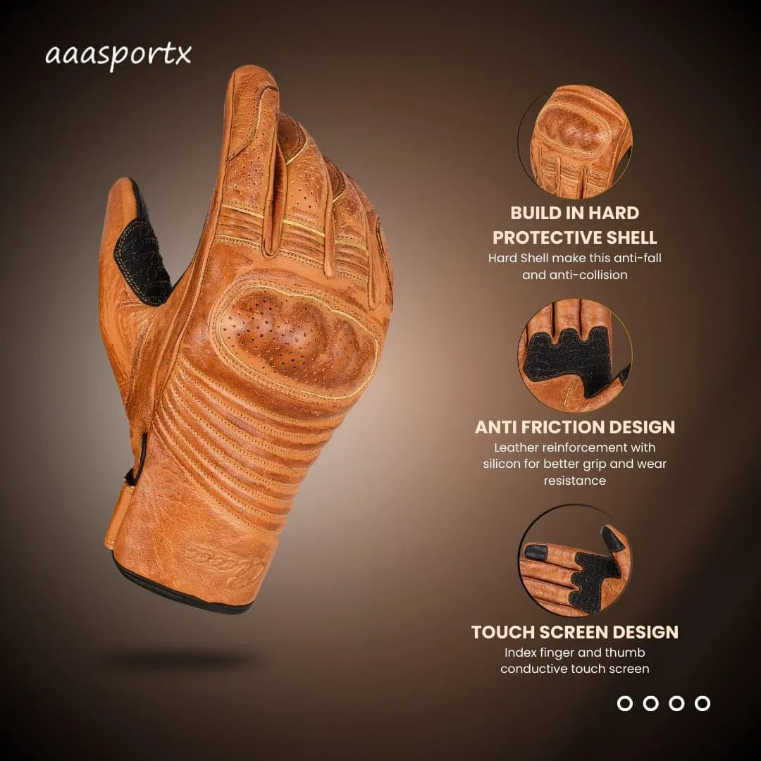 aasportx Mens Leather Motorcycle Gloves, Touchscreen, Brown for Men and Women