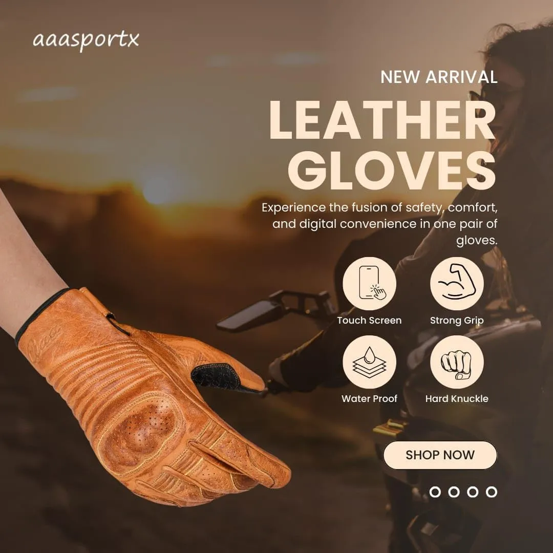 aasportx Mens Leather Motorcycle Gloves, Touchscreen, Brown for Men and Women