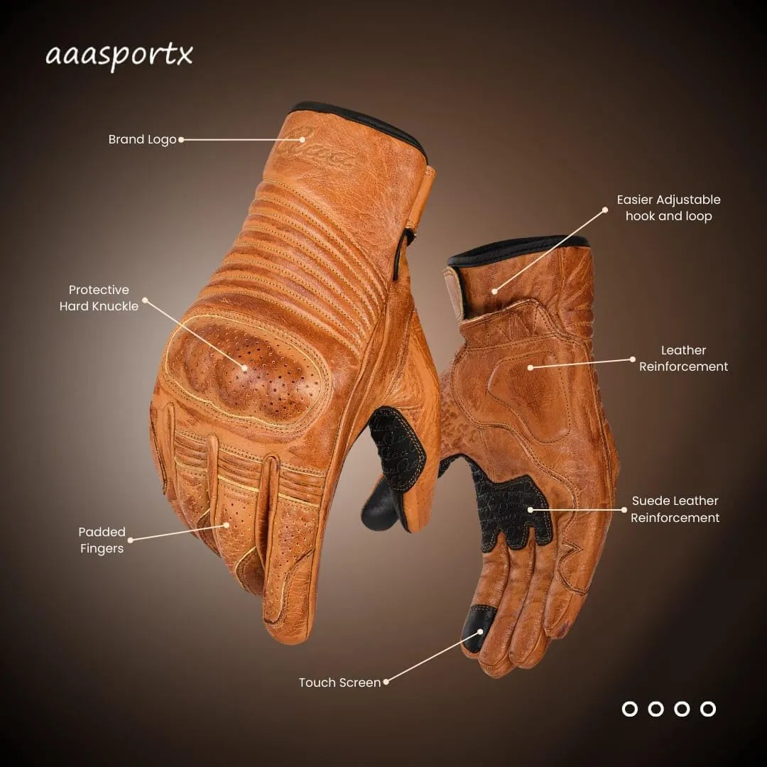 aasportx Mens Leather Motorcycle Gloves, Touchscreen, Brown for Men and Women
