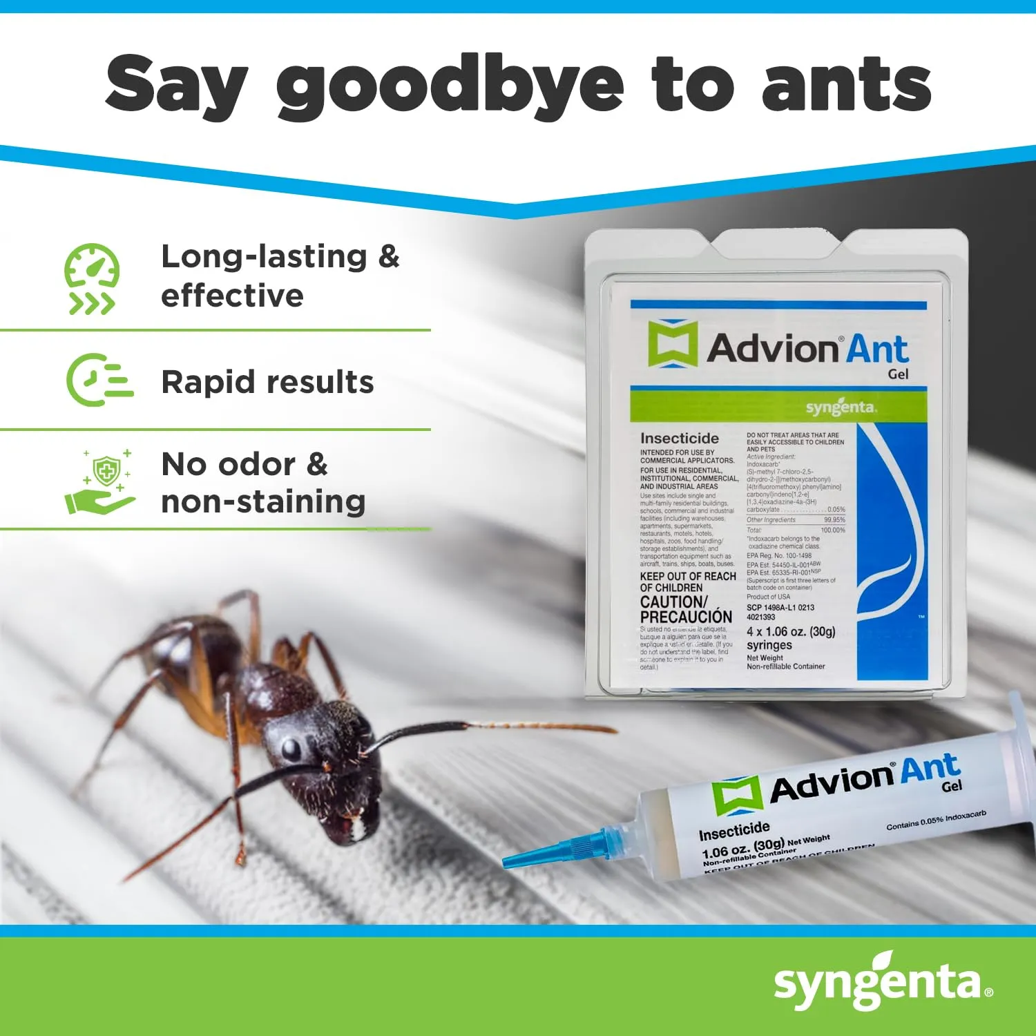Advion Ant Gel Bait, 4 Tubes x 30-Grams, 1 Plunger and 2 Tips, Effective Bait Formulated with 0.05% Indoxacarb, Indoor and Outdoor Use, Killer Gel for Control of Most Major Ant Species