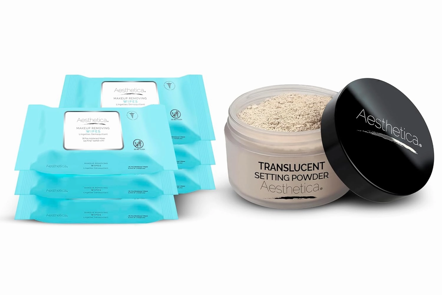 Aesthetica Makeup Removing Wipes, 6 Pack Bulk and Aesthetica Translucent Loose Setting Powder