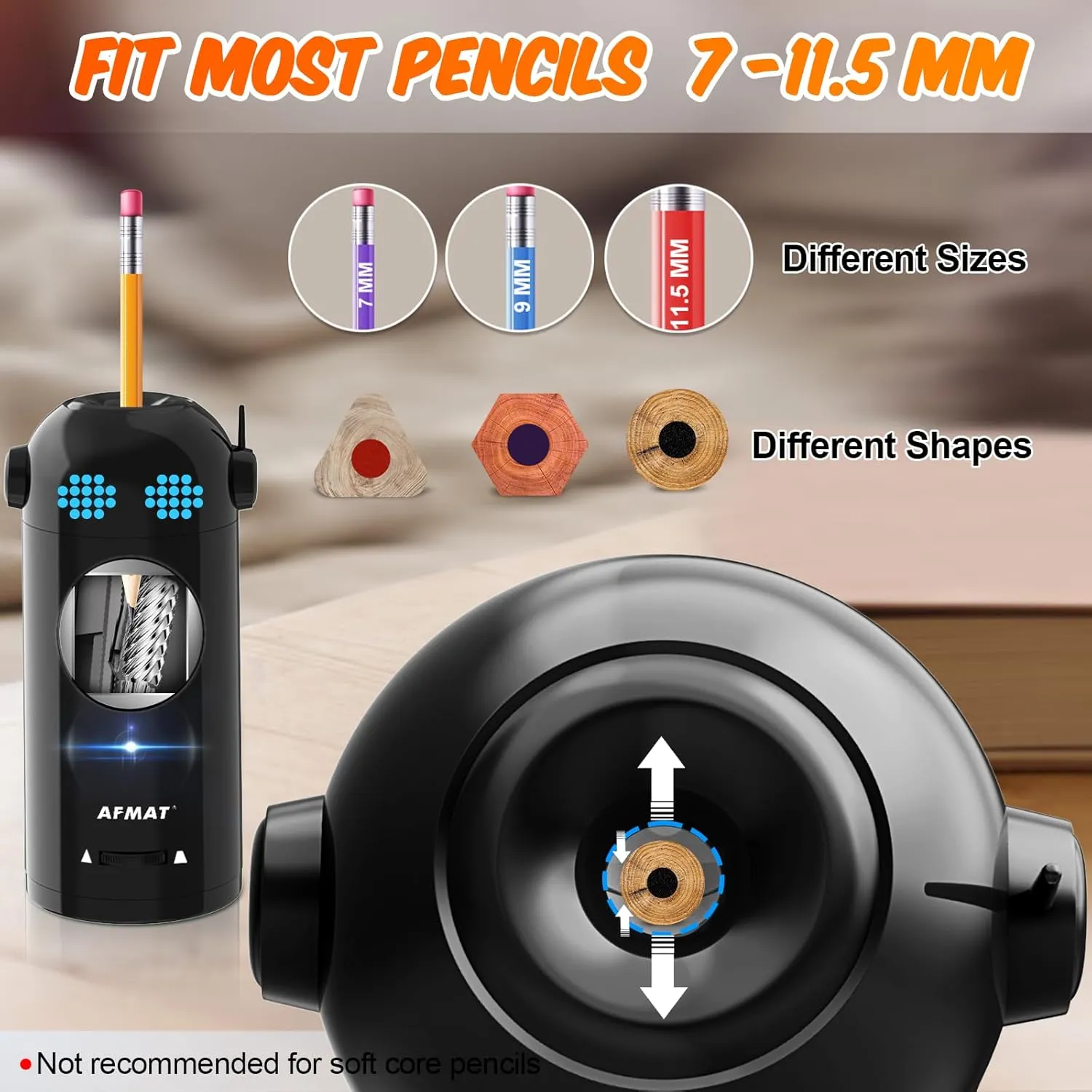 AFMAT Electric Robot Pencil Sharpener for Colored Pencils 7-11.5mm, Auto In & Out, Fully Automatic Rechargeable Hands-Free for Home & Classroom, Black
