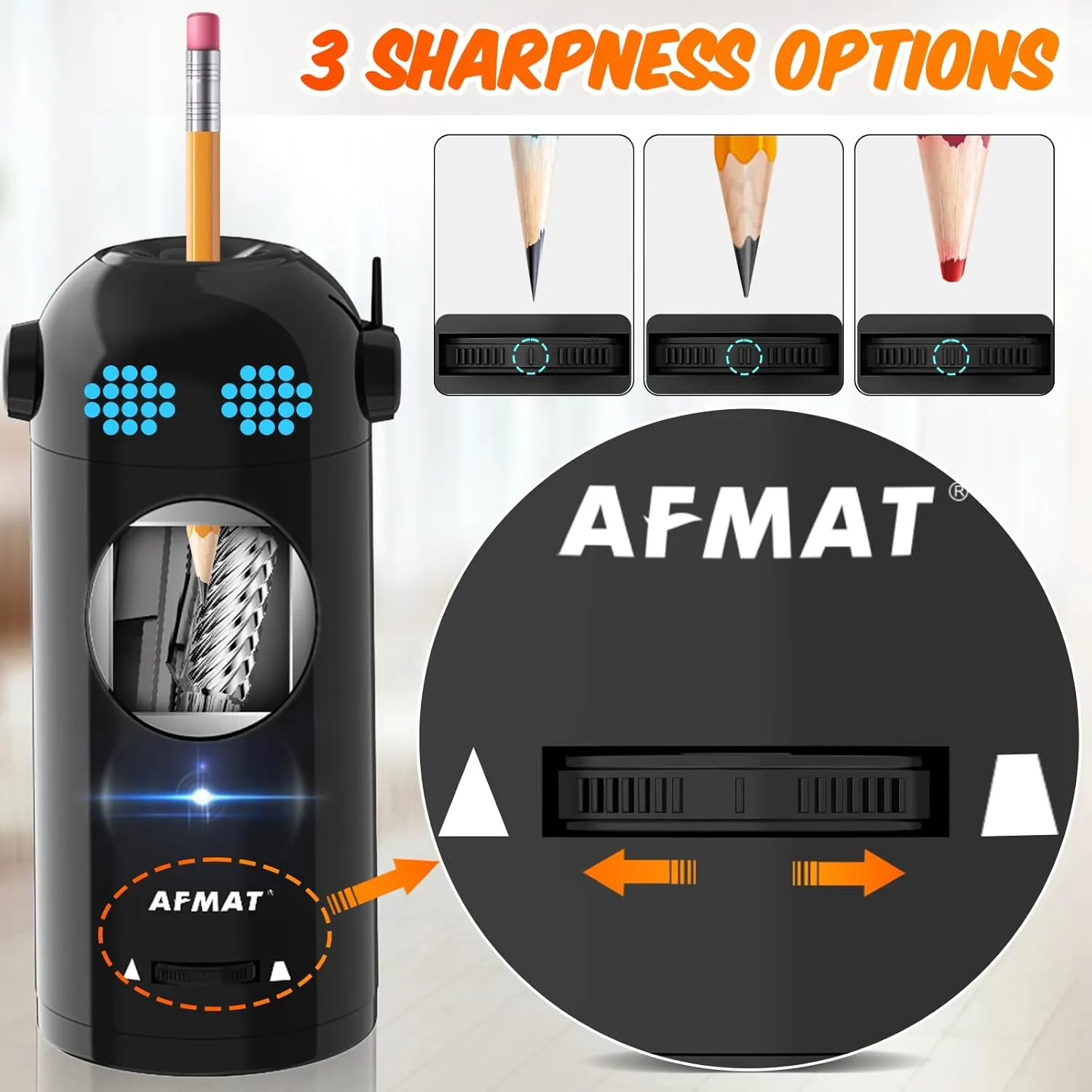 AFMAT Electric Robot Pencil Sharpener for Colored Pencils 7-11.5mm, Auto In & Out, Fully Automatic Rechargeable Hands-Free for Home & Classroom, Black