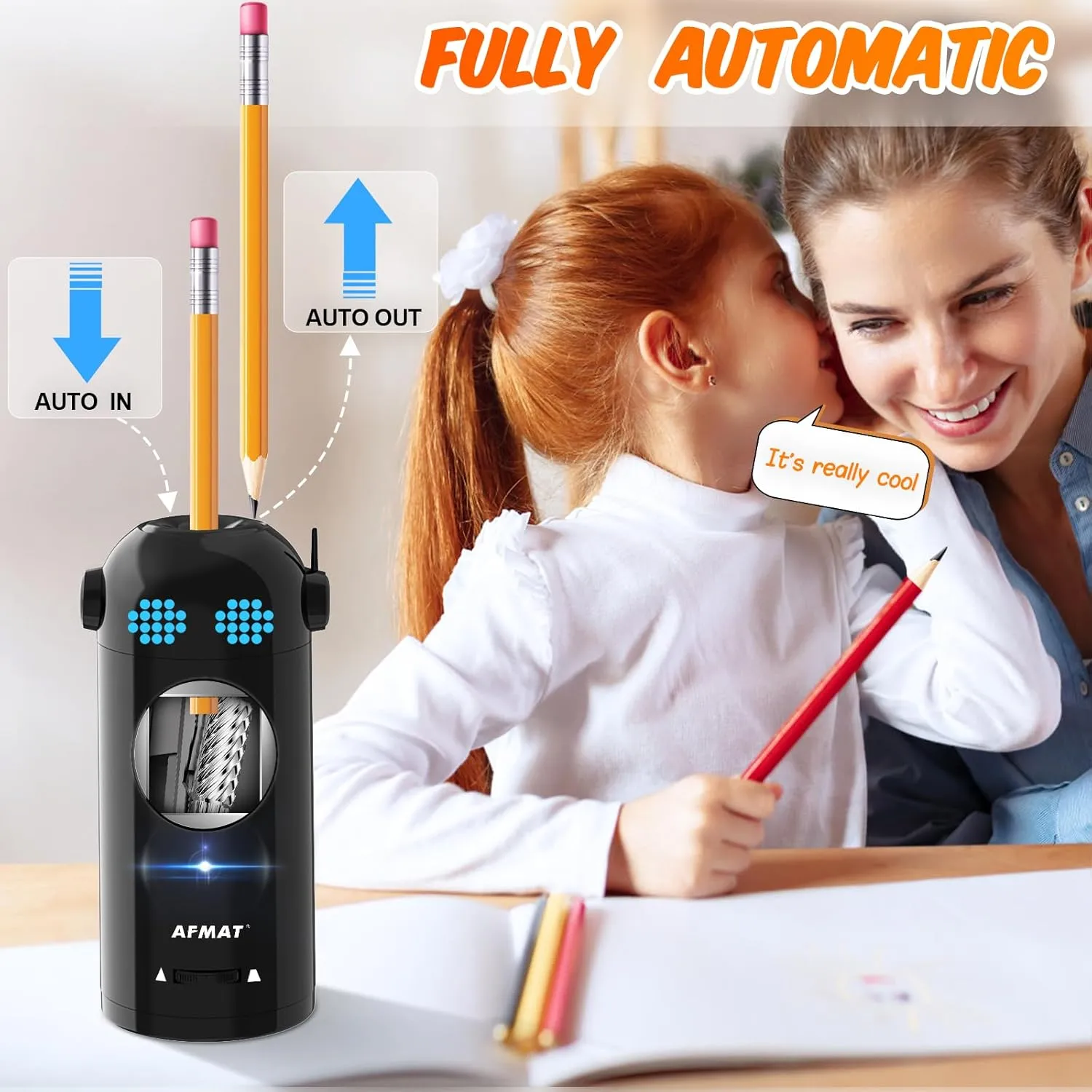 AFMAT Electric Robot Pencil Sharpener for Colored Pencils 7-11.5mm, Auto In & Out, Fully Automatic Rechargeable Hands-Free for Home & Classroom, Black