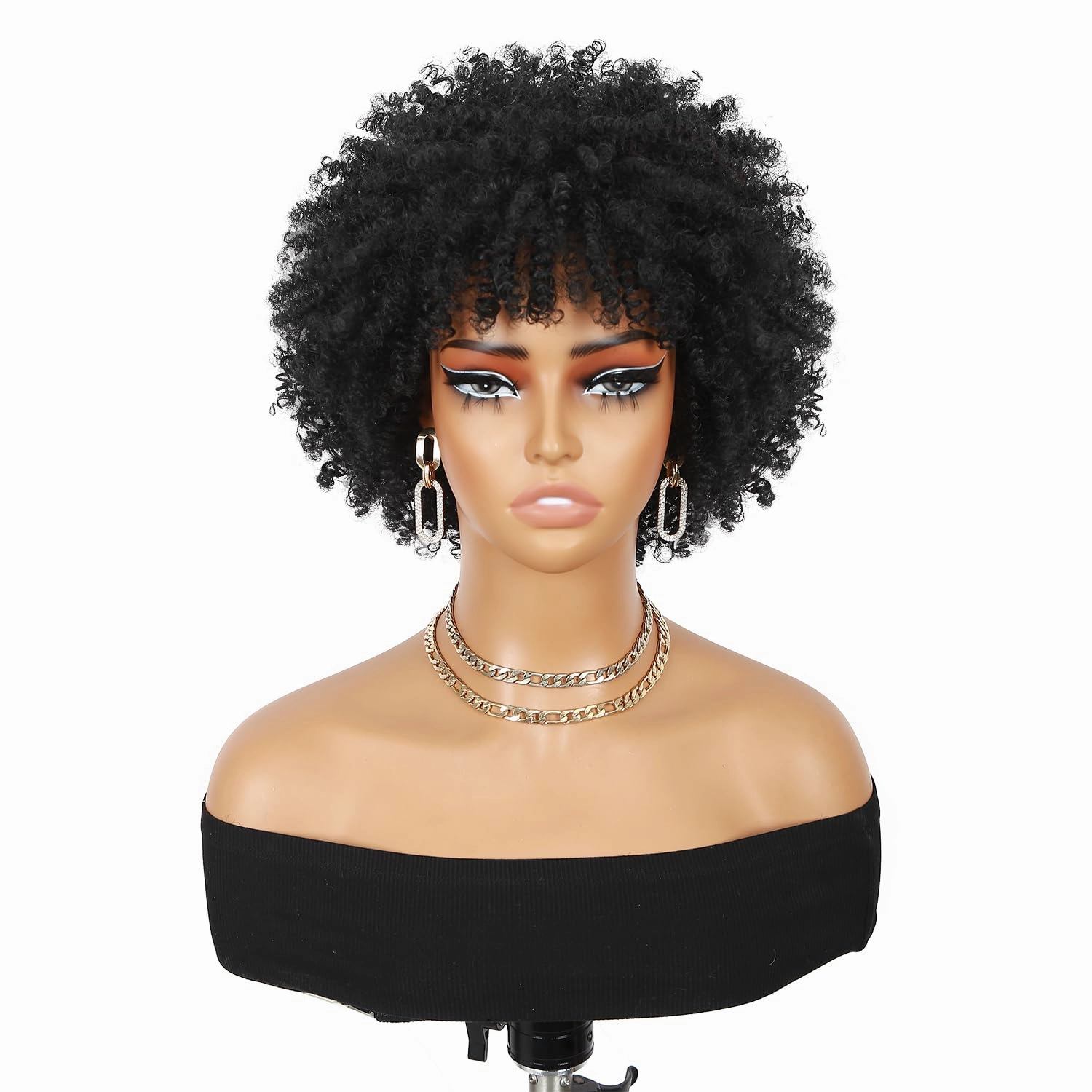 Afro Kinky Curly Wig With Bangs Short Curly Afro Wigs for Black Women 10 Inches Natural Black Synthetic Curly Wigs